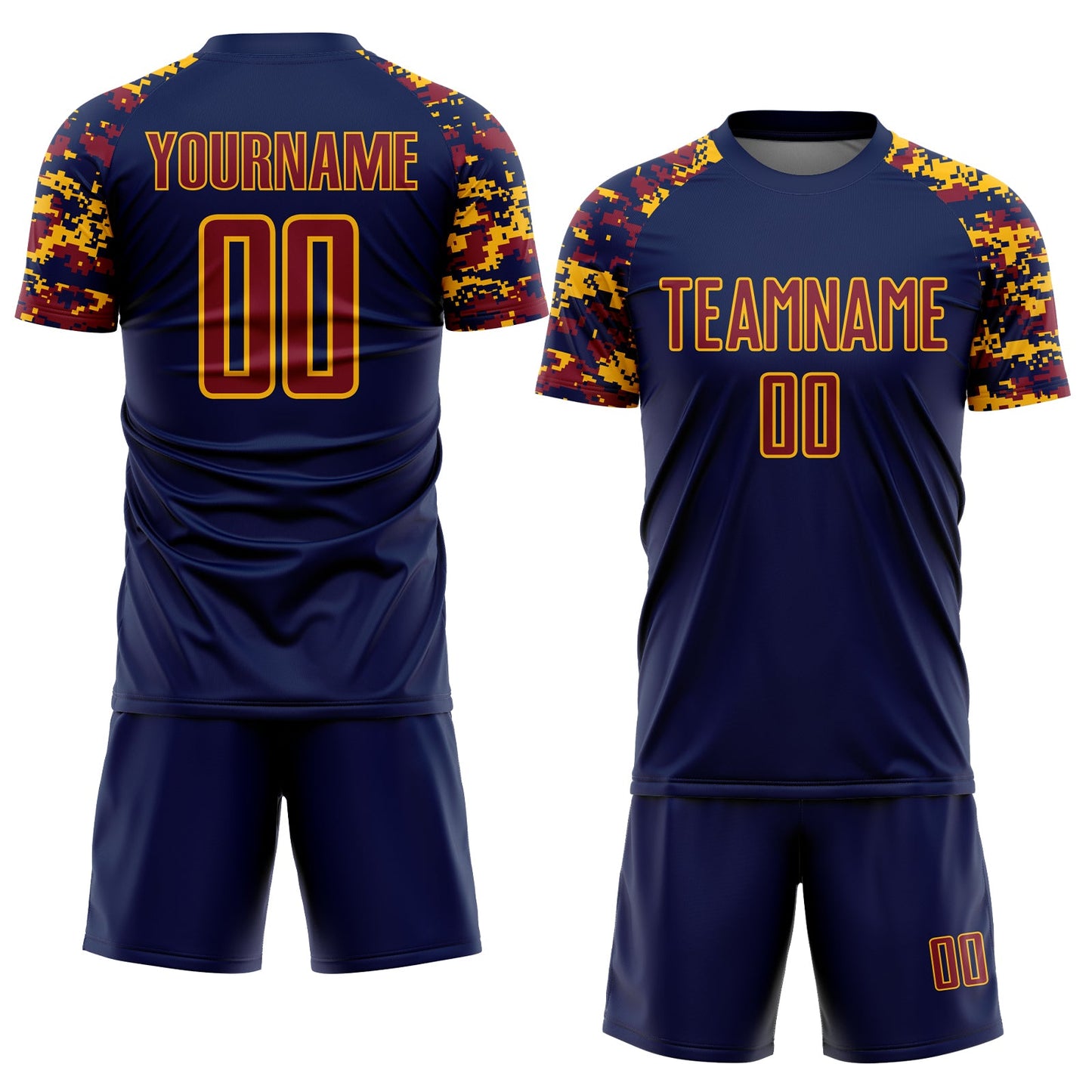 Custom Navy Crimson-Gold Digital Camo Raglan Sleeves Sublimation Soccer Uniform Jersey view 2