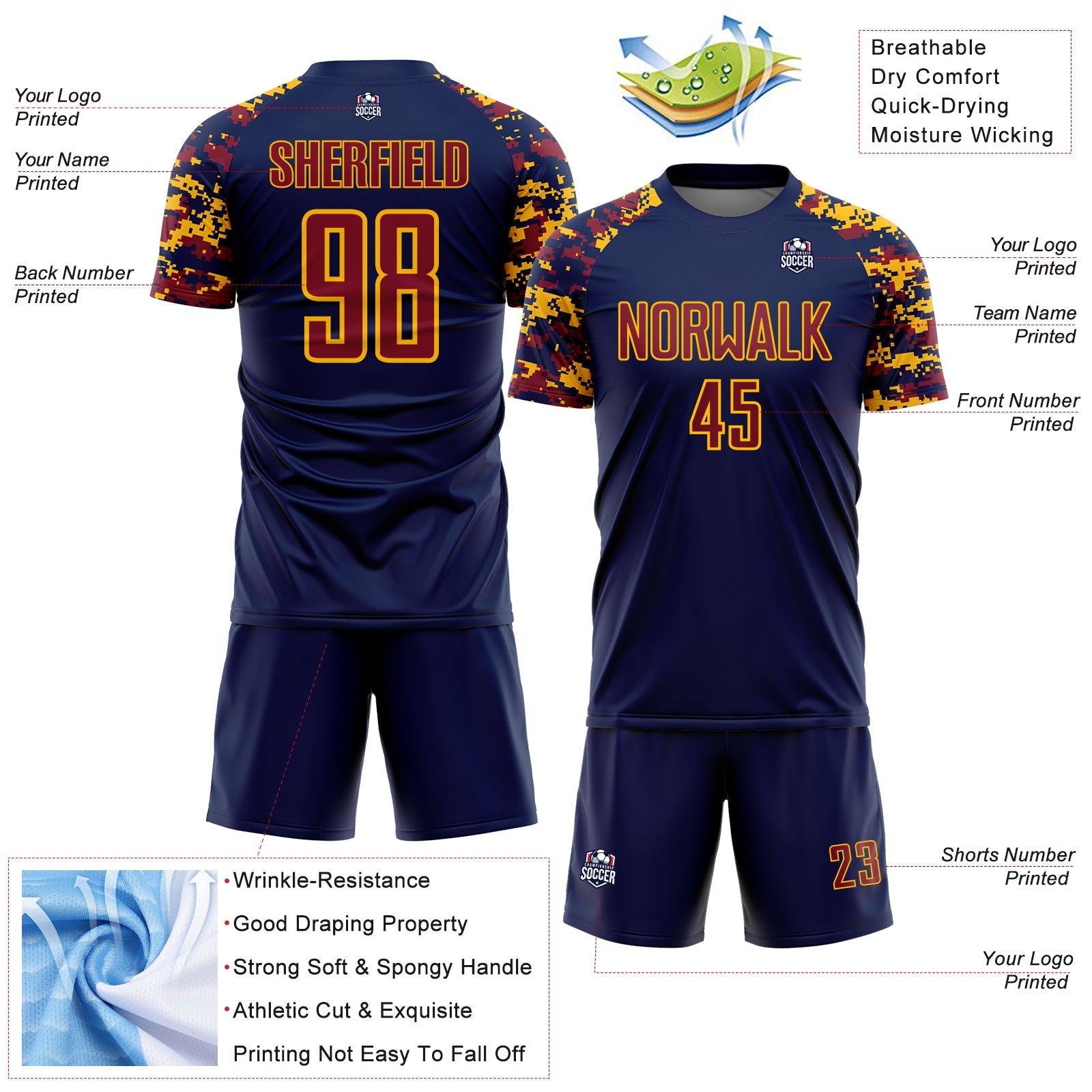 Custom Navy Crimson-Gold Digital Camo Raglan Sleeves Sublimation Soccer Uniform Jersey view 4