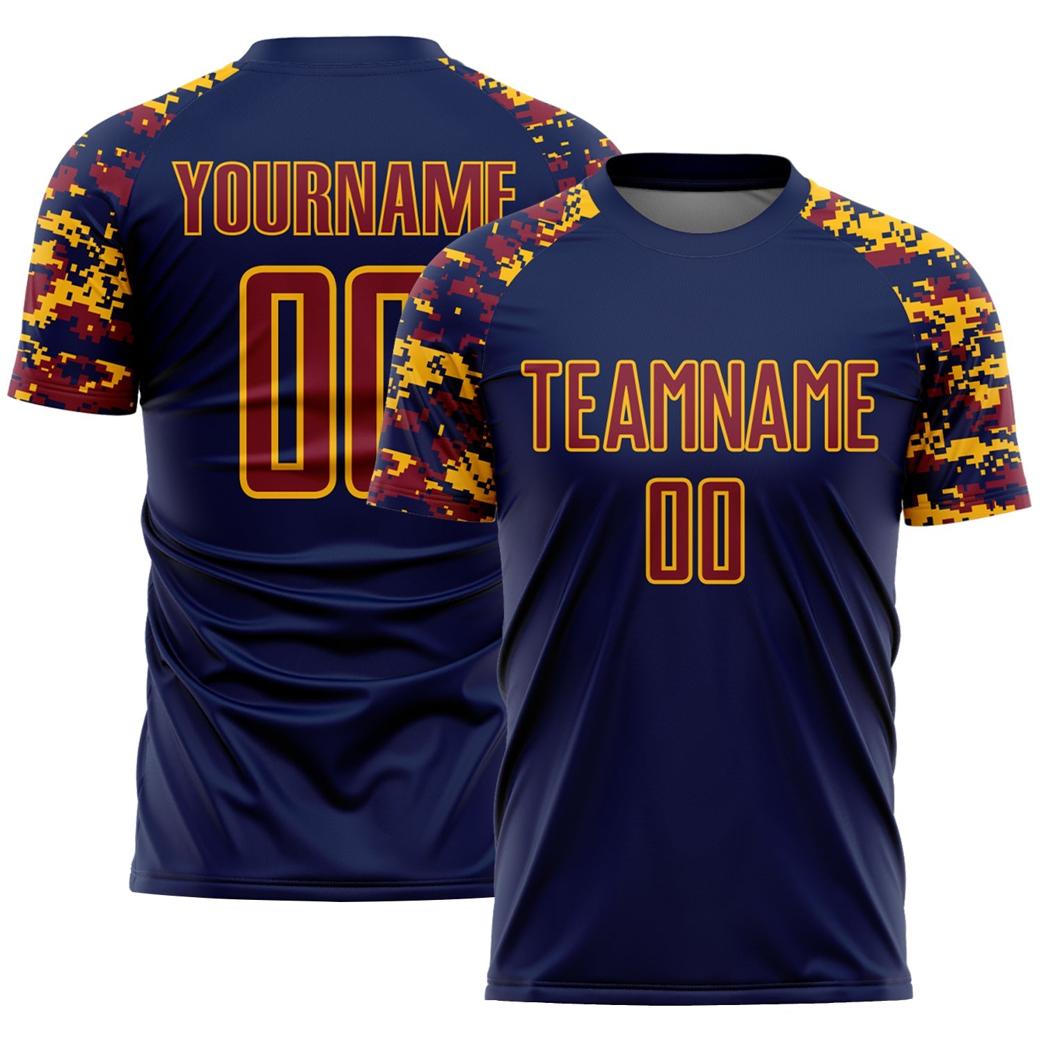 Custom Navy Crimson-Gold Digital Camo Raglan Sleeves Sublimation Soccer Uniform Jersey - Main View