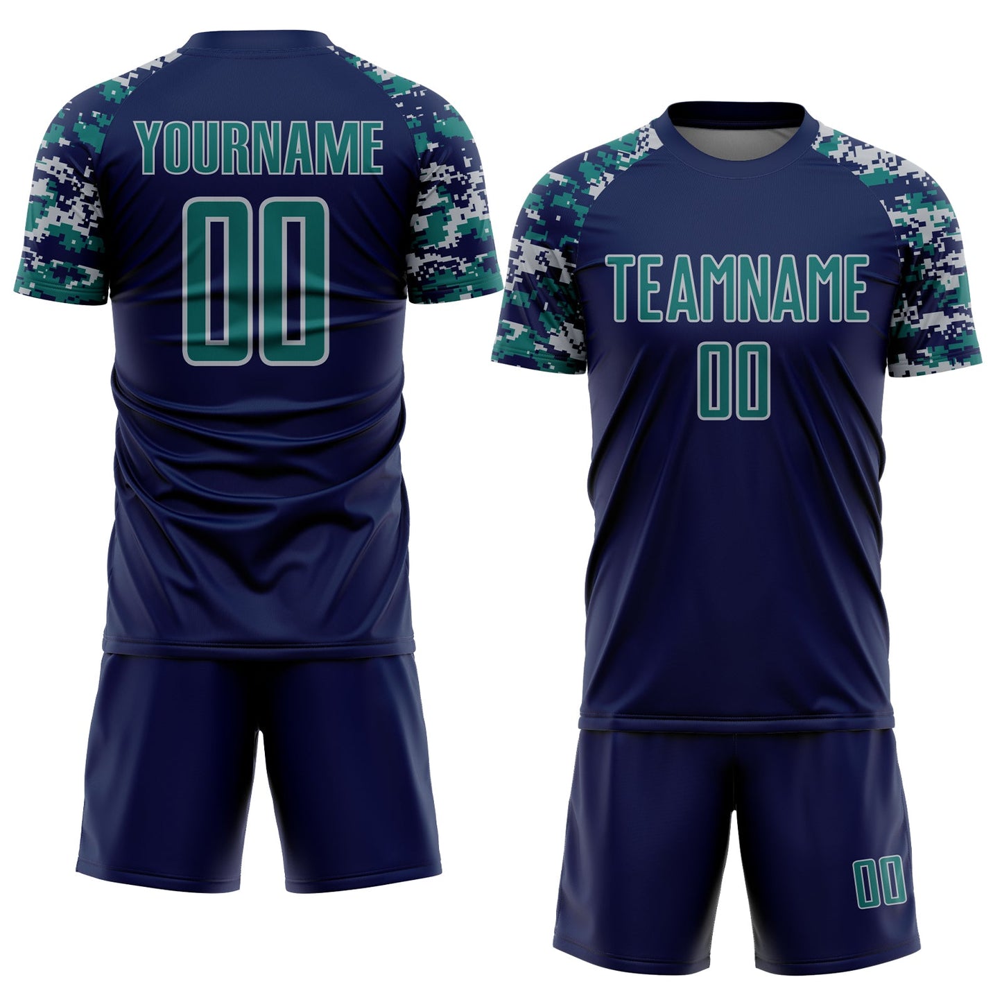 Custom Navy Teal-Gray Digital Camo Raglan Sleeves Sublimation Soccer Uniform Jersey view 2