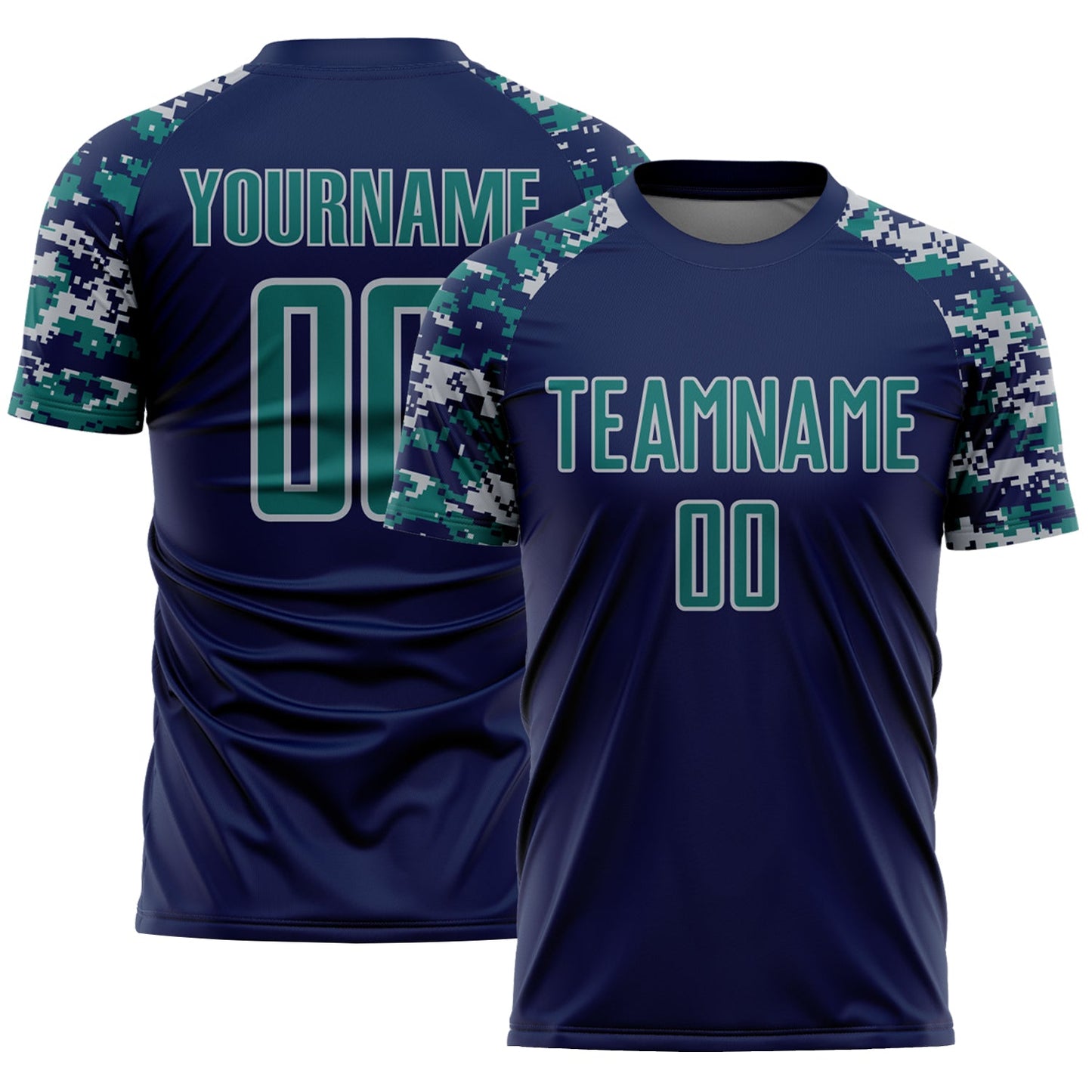 Custom Navy Teal-Gray Digital Camo Raglan Sleeves Sublimation Soccer Uniform Jersey - Main View