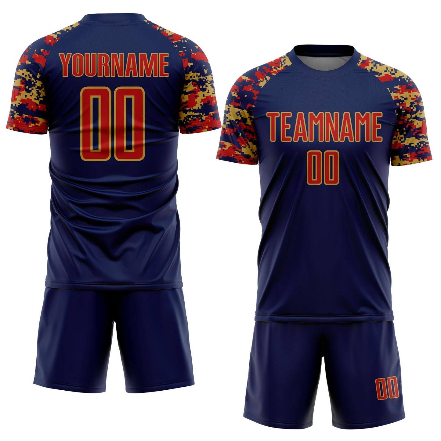 Custom Navy Red-Old Gold Digital Camo Raglan Sleeves Sublimation Soccer Uniform Jersey view 2