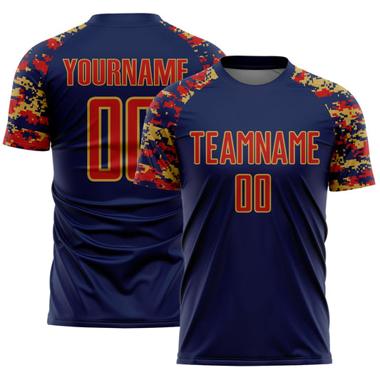 Custom Navy Red-Old Gold Digital Camo Raglan Sleeves Sublimation Soccer Uniform Jersey - Main View