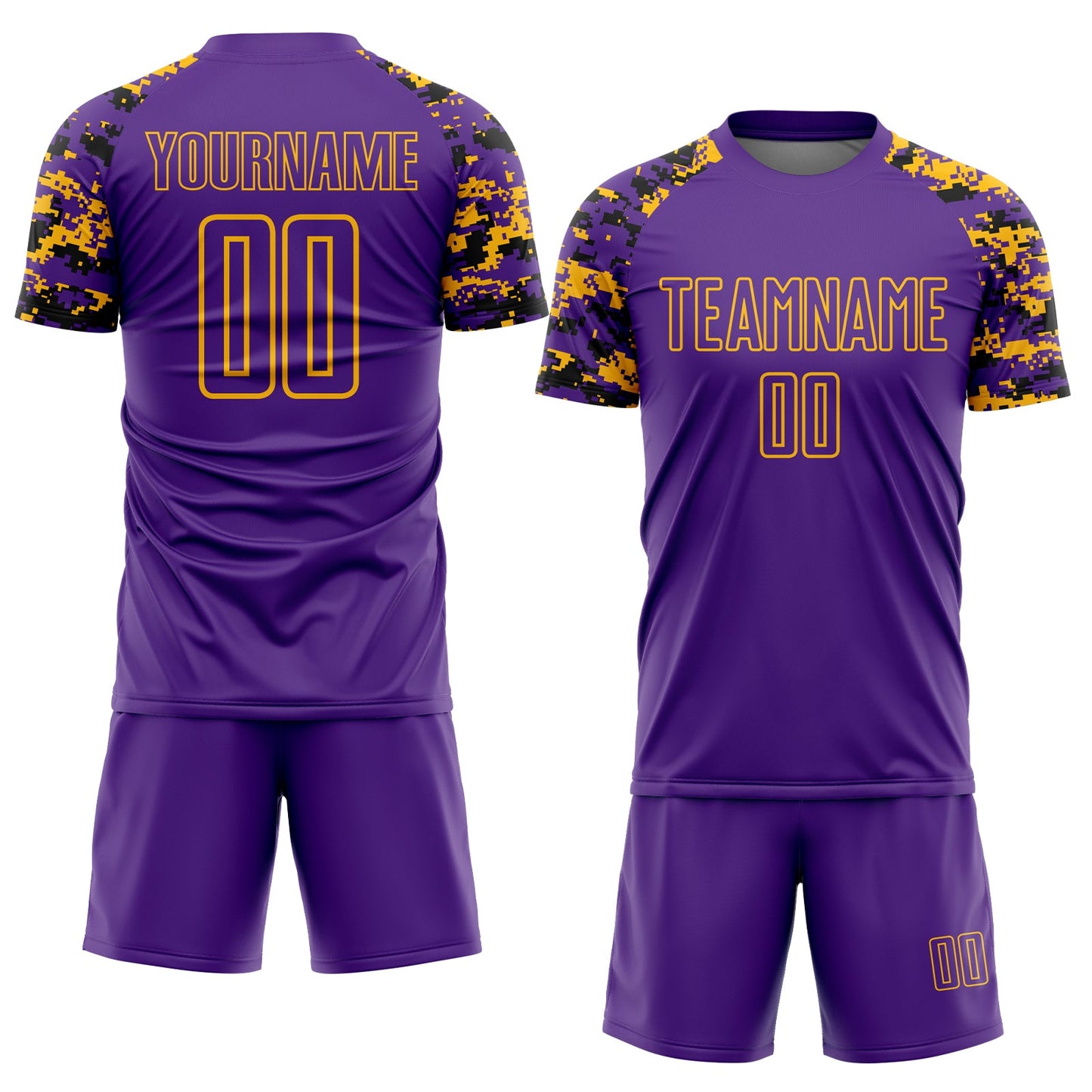 Custom Purple Black-Gold Digital Camo Raglan Sleeves Sublimation Soccer Uniform Jersey view 2