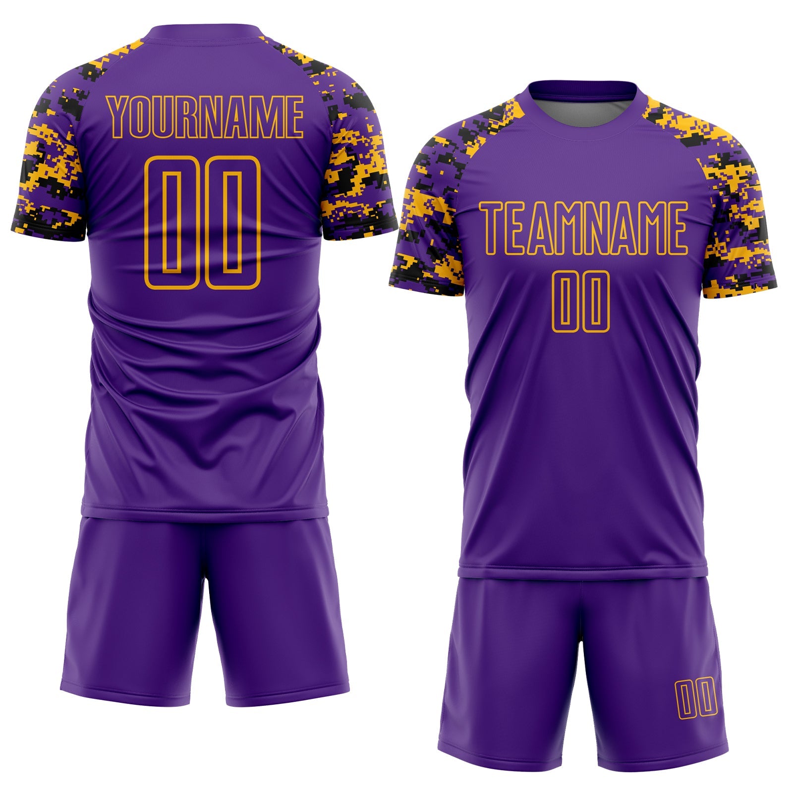 Custom Purple Black-Gold Digital Camo Raglan Sleeves Sublimation Soccer Uniform Jersey view 2