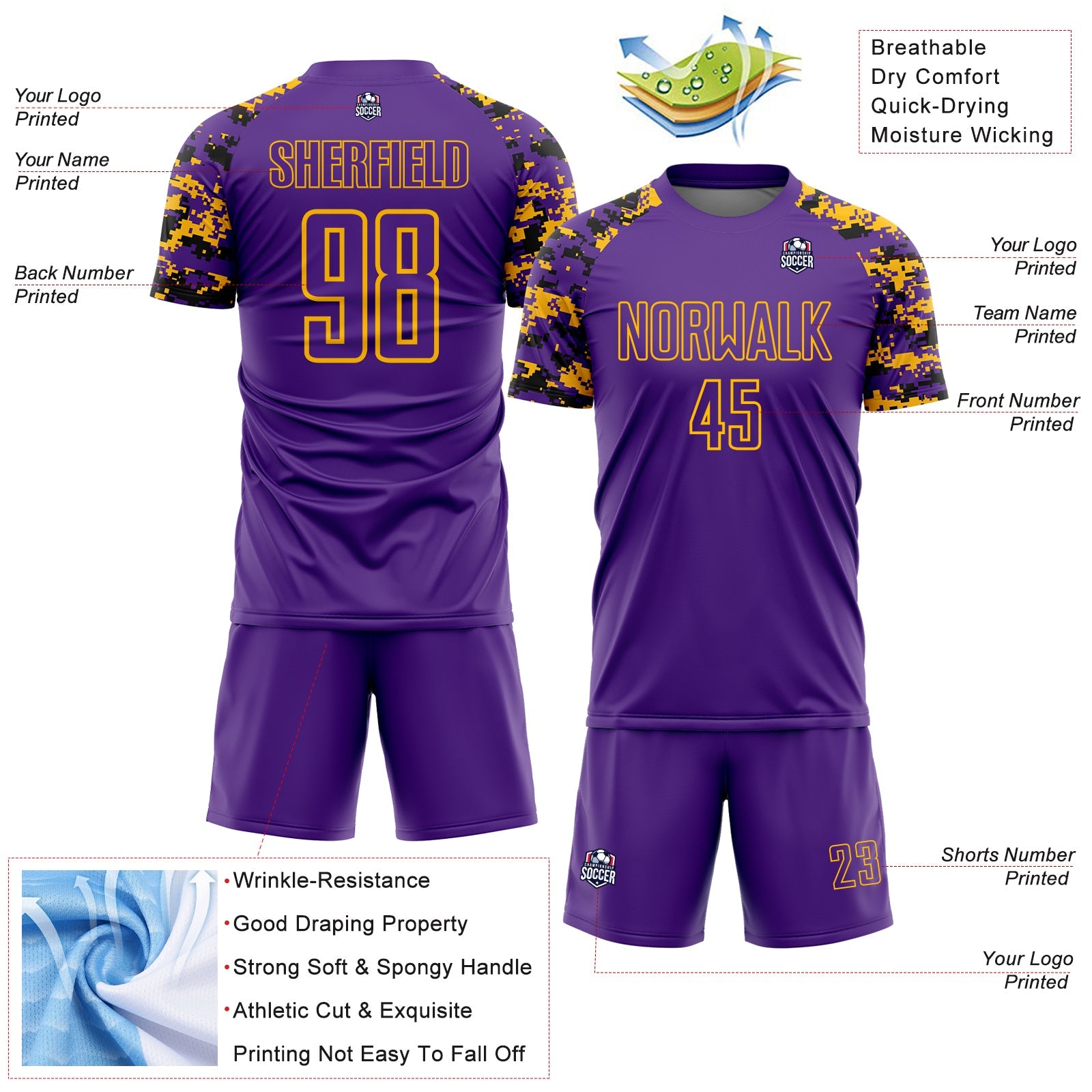 Custom Purple Black-Gold Digital Camo Raglan Sleeves Sublimation Soccer Uniform Jersey view 4
