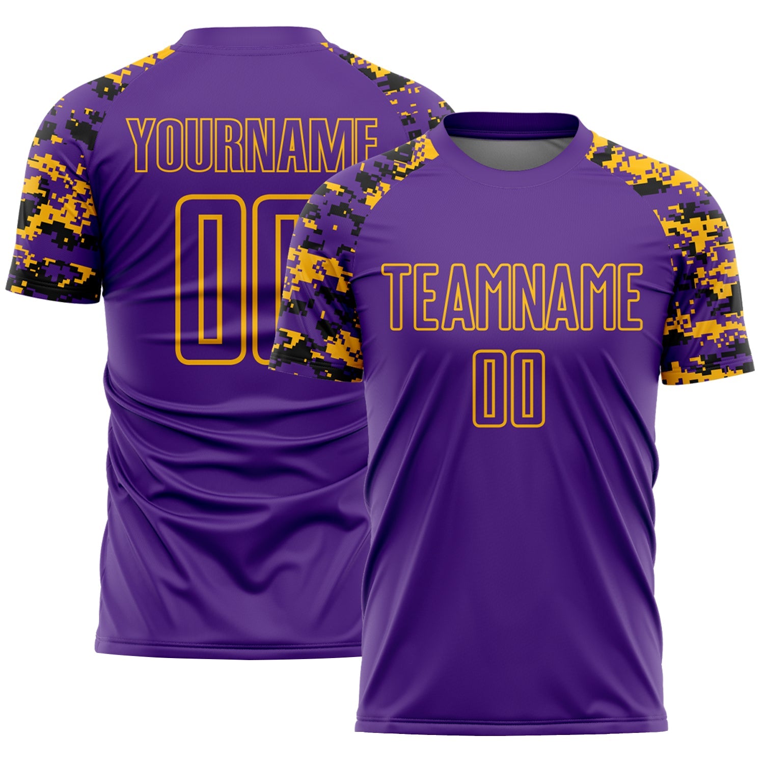 Custom Purple Black-Gold Digital Camo Raglan Sleeves Sublimation Soccer Uniform Jersey - Main View