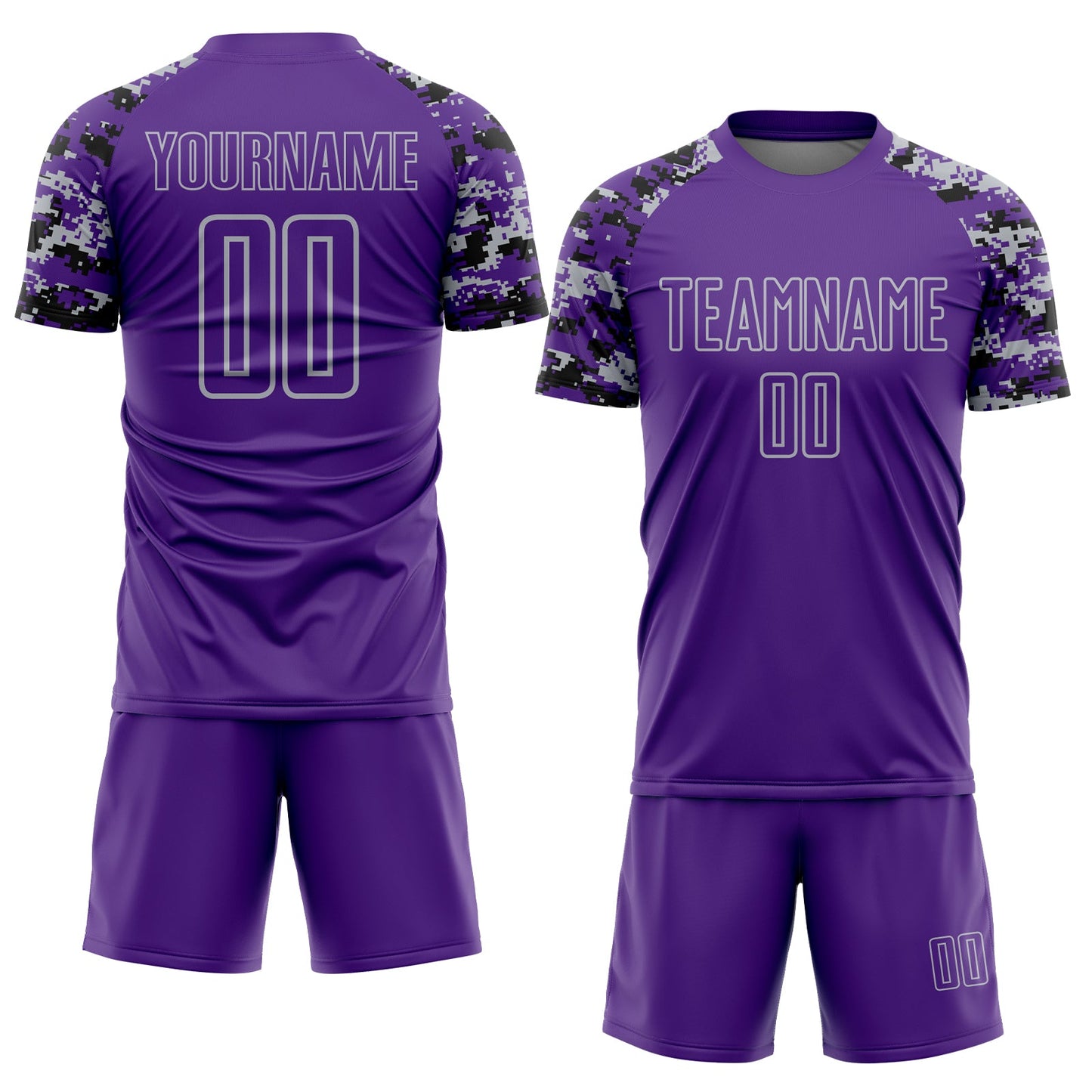 Custom Purple Black-Gray Digital Camo Raglan Sleeves Sublimation Soccer Uniform Jersey view 2