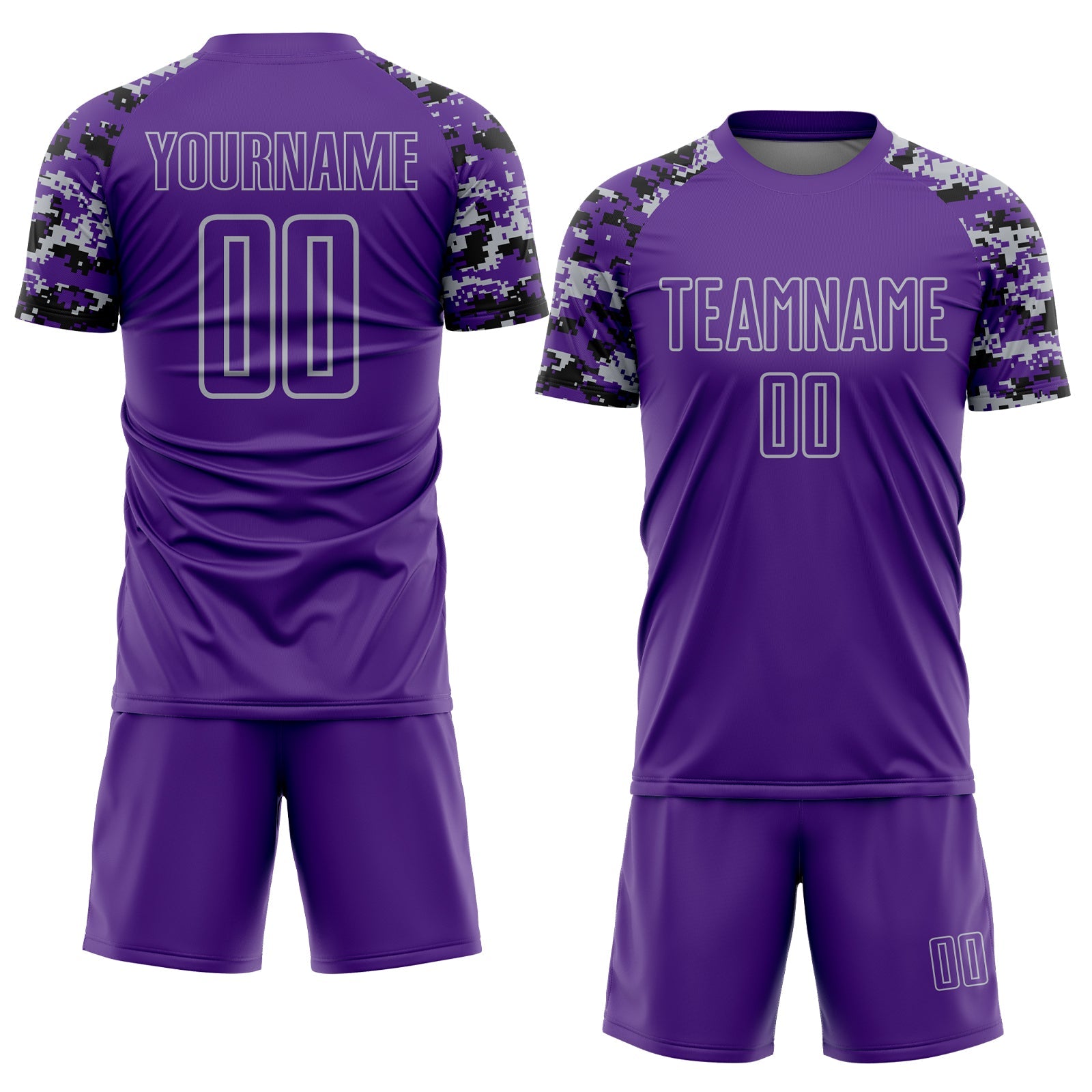 Custom Purple Black-Gray Digital Camo Raglan Sleeves Sublimation Soccer Uniform Jersey view 2