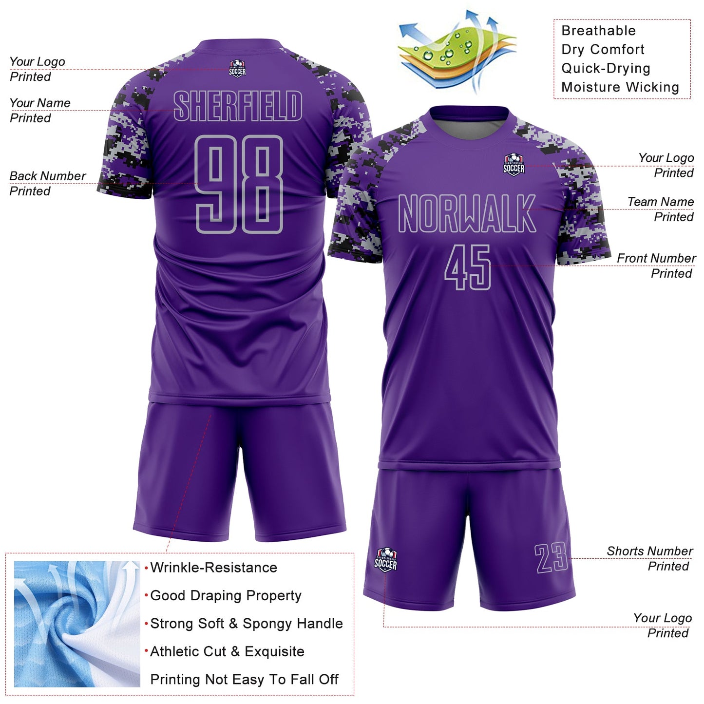 Custom Purple Black-Gray Digital Camo Raglan Sleeves Sublimation Soccer Uniform Jersey view 4
