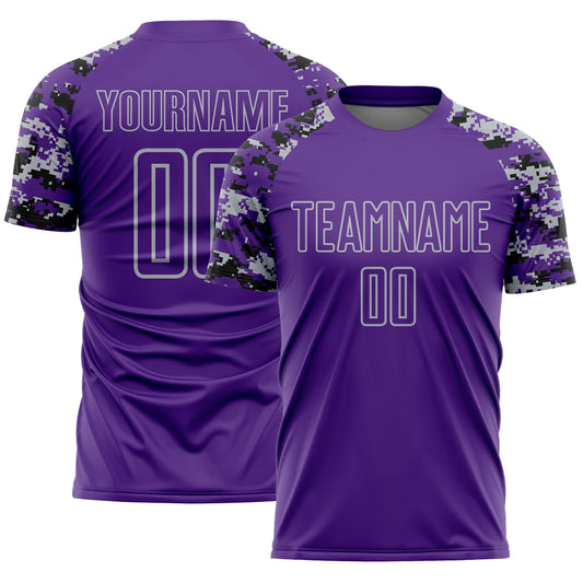 Custom Purple Black-Gray Digital Camo Raglan Sleeves Sublimation Soccer Uniform Jersey - Main View