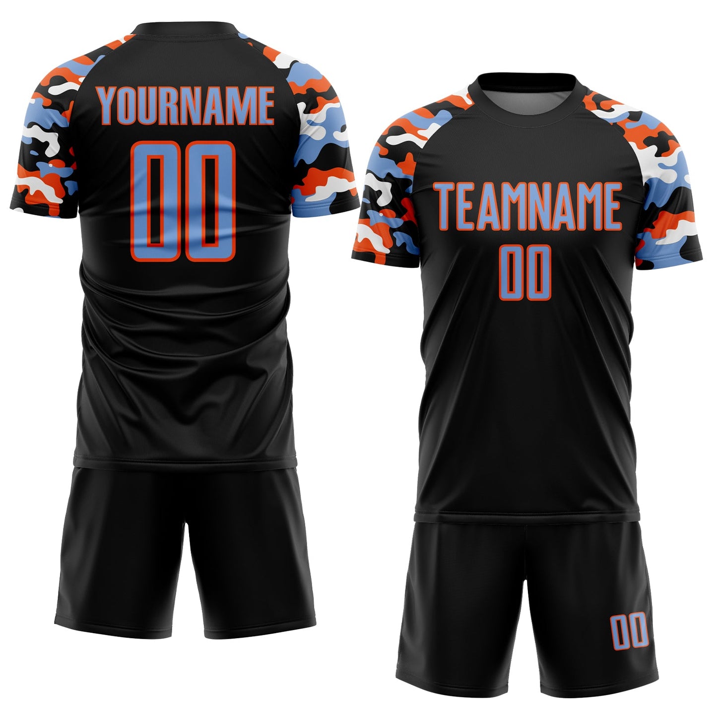 Custom Black Powder Blue Orange-White Digital Camo Raglan Sleeves Sublimation Soccer Uniform Jersey view 2