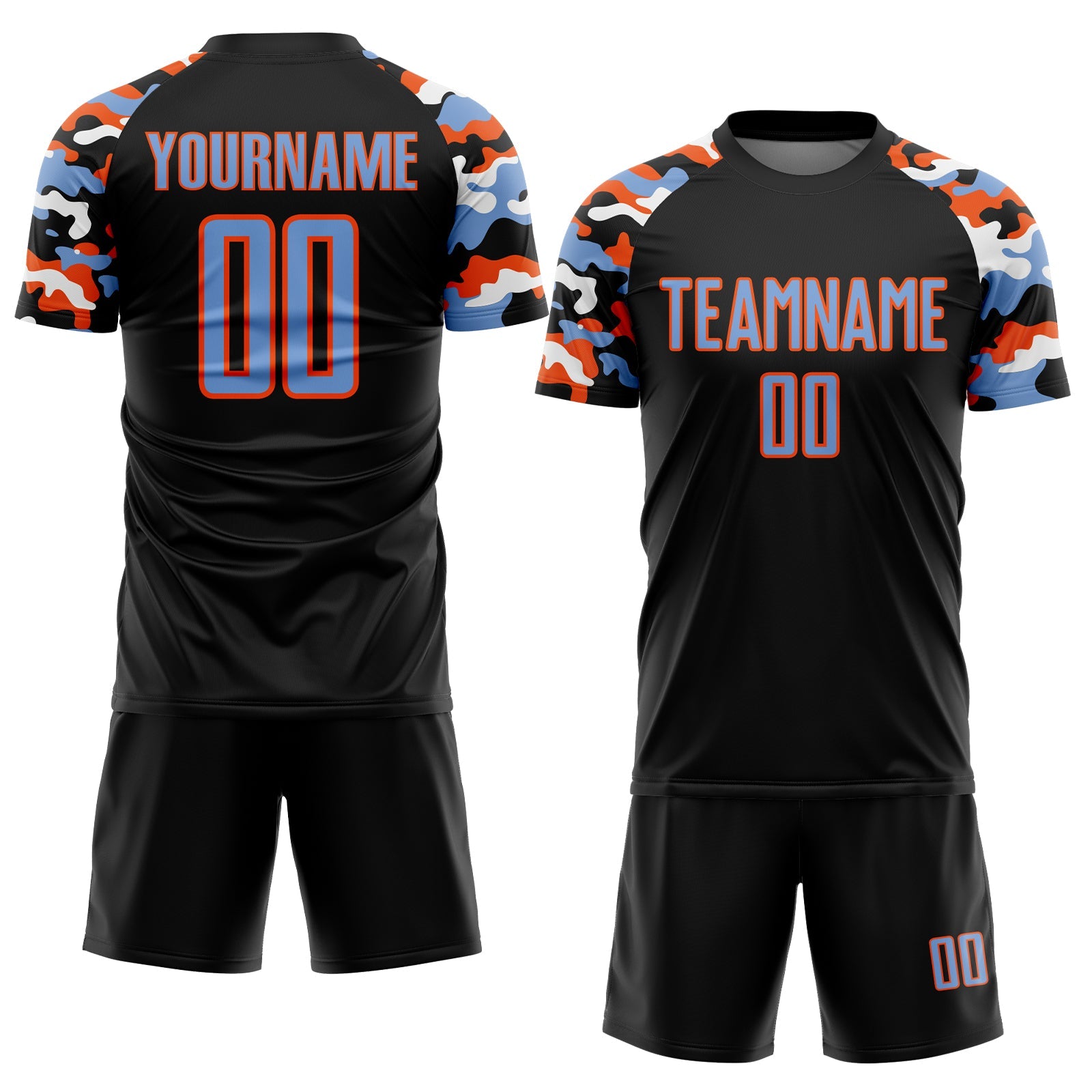 Custom Black Powder Blue Orange-White Digital Camo Raglan Sleeves Sublimation Soccer Uniform Jersey view 2