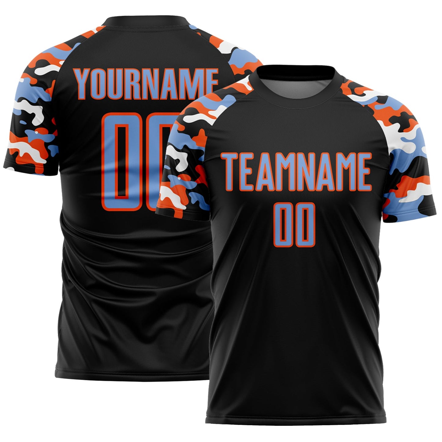 Custom Black Powder Blue Orange-White Digital Camo Raglan Sleeves Sublimation Soccer Uniform Jersey - Main View