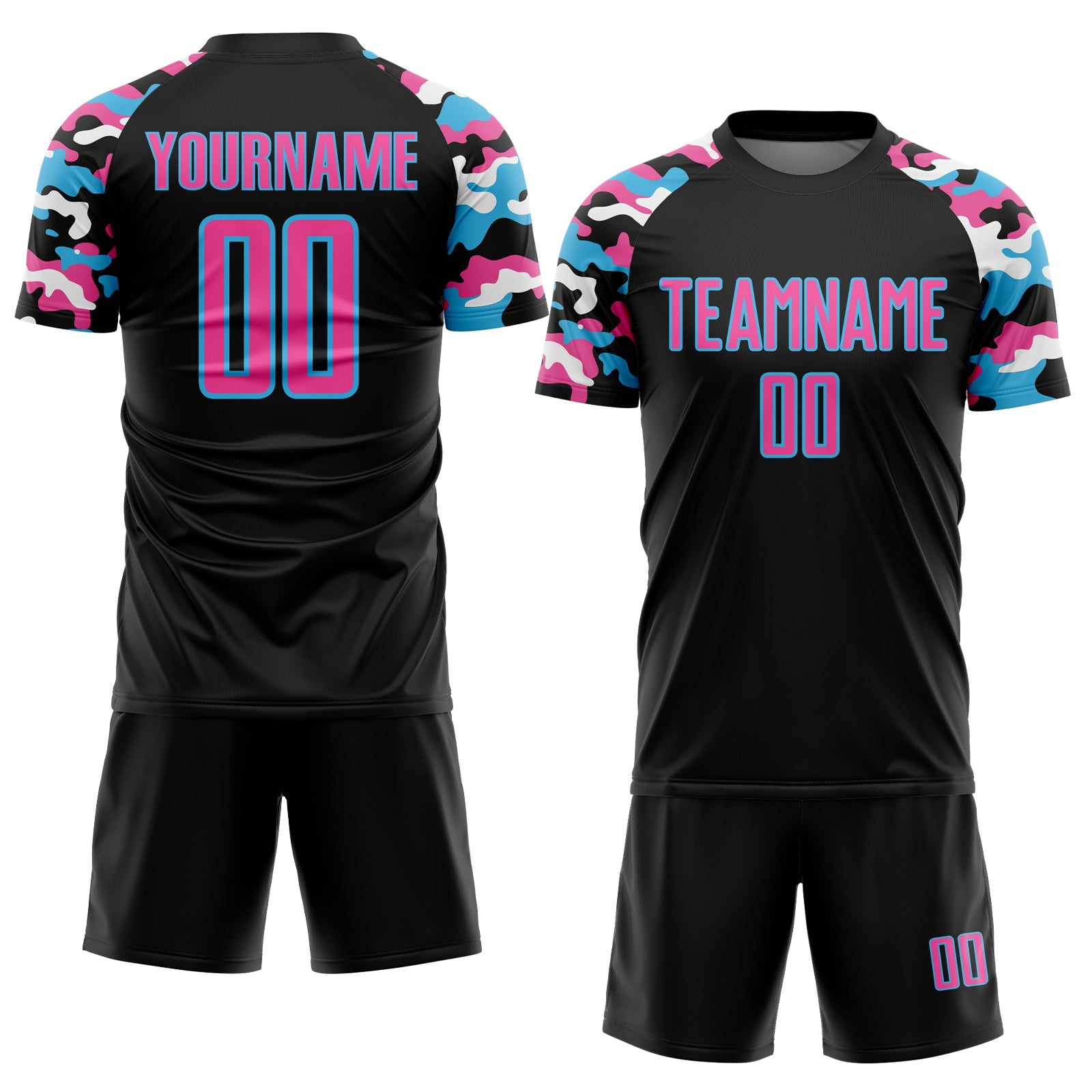 Custom Black Pink Sky Blue-White Digital Camo Raglan Sleeves Sublimation Soccer Uniform Jersey view 2
