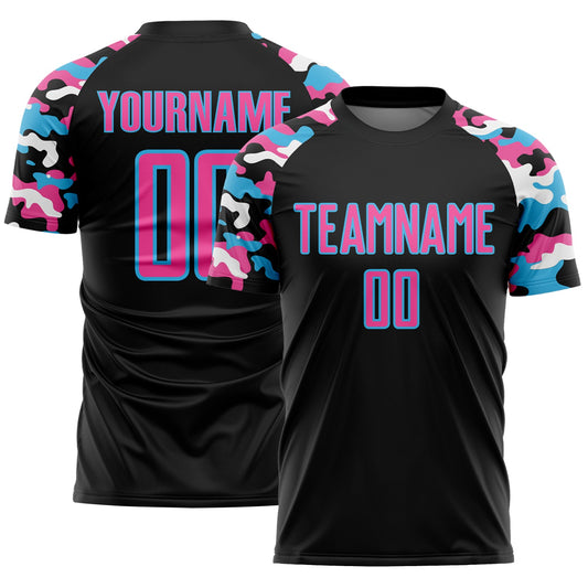 Custom Black Pink Sky Blue-White Digital Camo Raglan Sleeves Sublimation Soccer Uniform Jersey - Main View