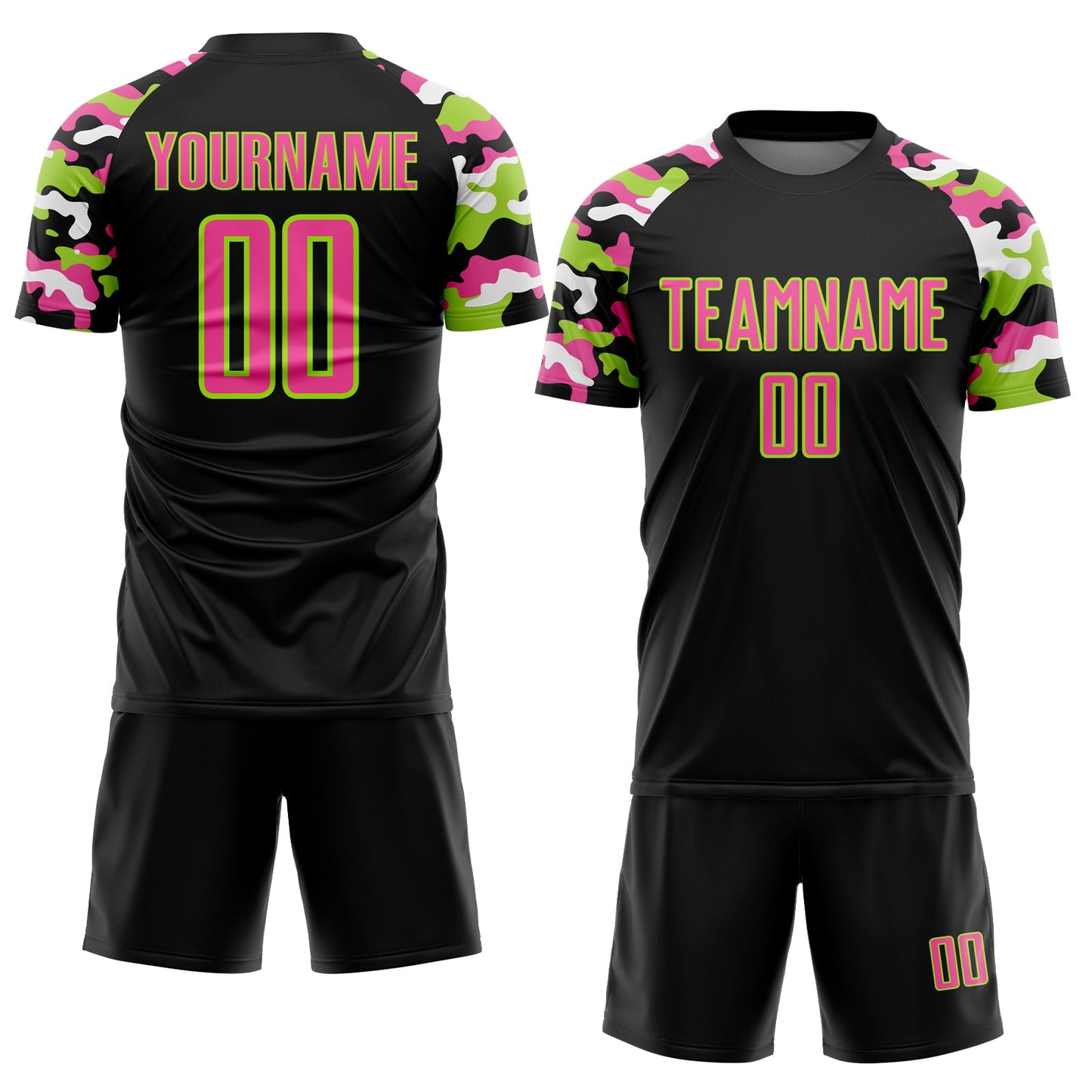 Custom Black Pink Neon Green-White Digital Camo Raglan Sleeves Sublimation Soccer Uniform Jersey view 2