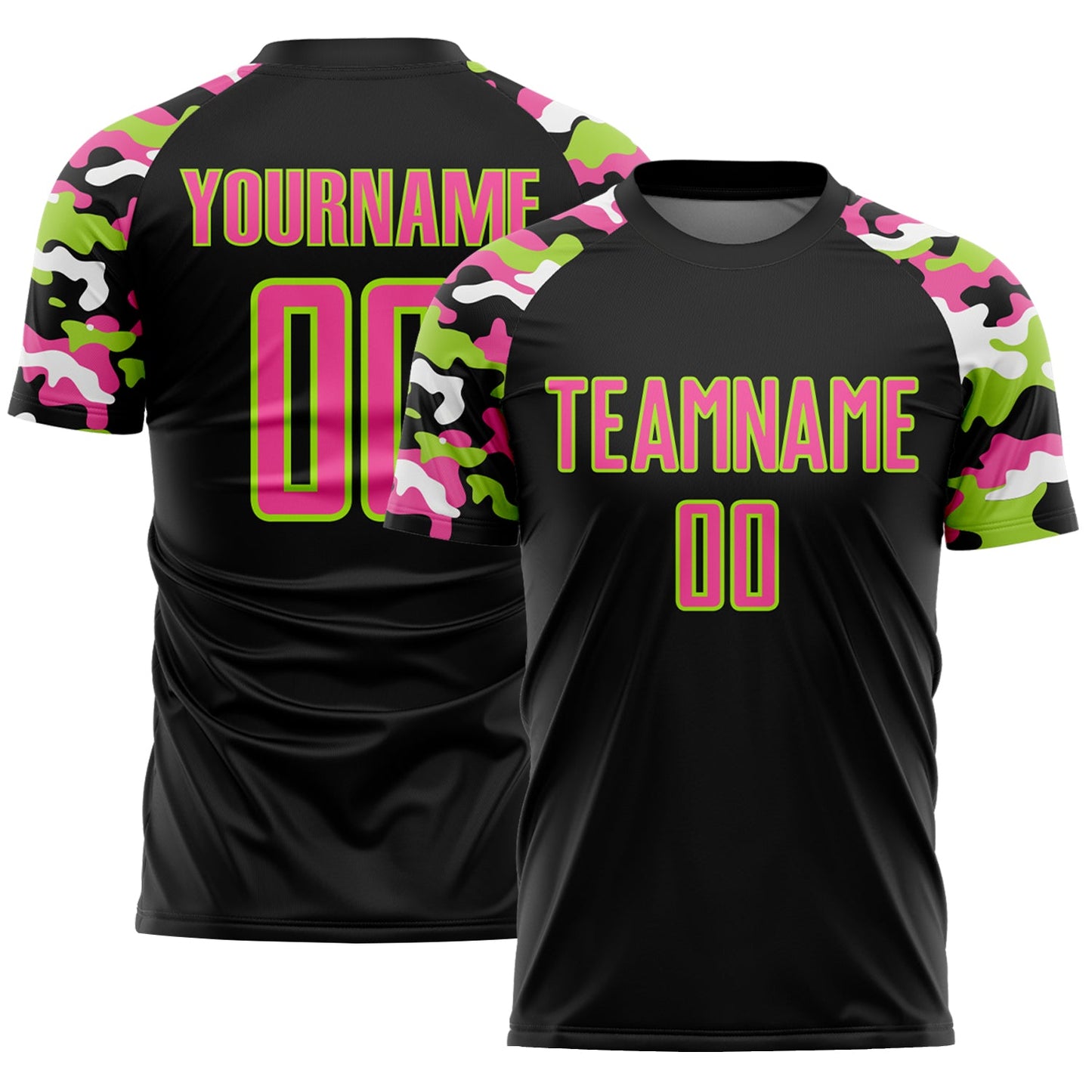 Custom Black Pink Neon Green-White Digital Camo Raglan Sleeves Sublimation Soccer Uniform Jersey - Main View
