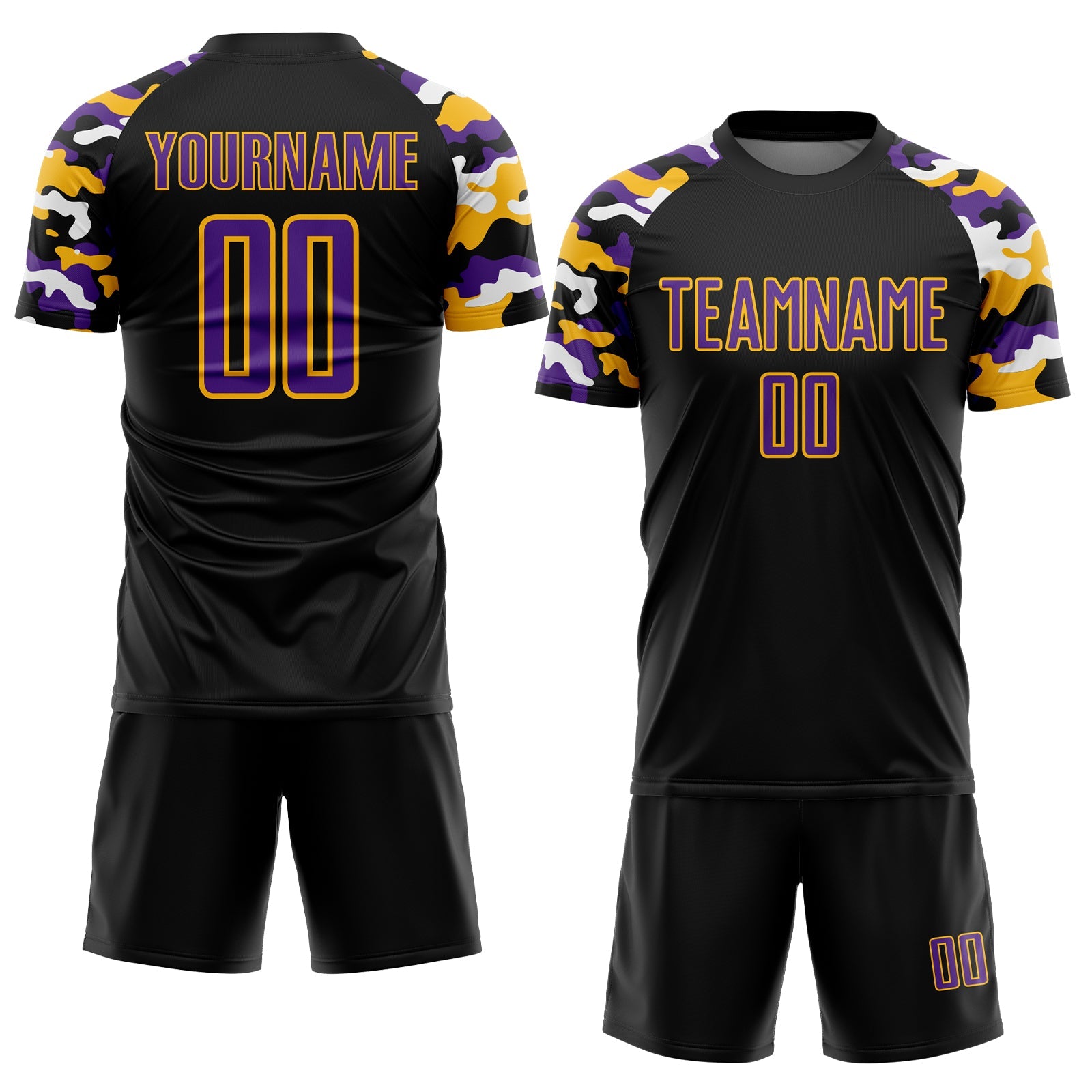 Custom Black Purple Gold-White Digital Camo Raglan Sleeves Sublimation Soccer Uniform Jersey view 2