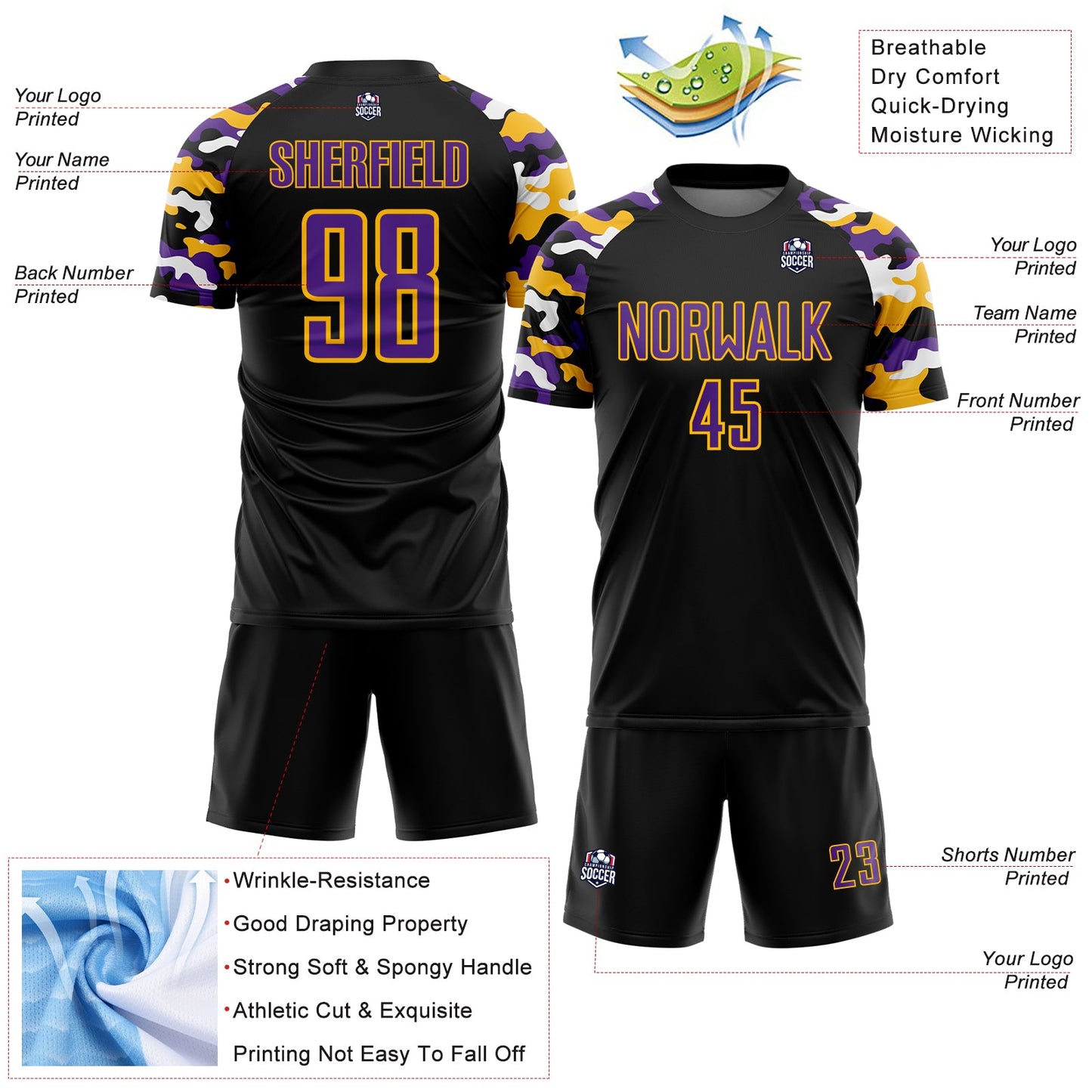 Custom Black Purple Gold-White Digital Camo Raglan Sleeves Sublimation Soccer Uniform Jersey view 4