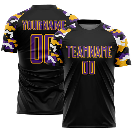 Custom Black Purple Gold-White Digital Camo Raglan Sleeves Sublimation Soccer Uniform Jersey - Main View