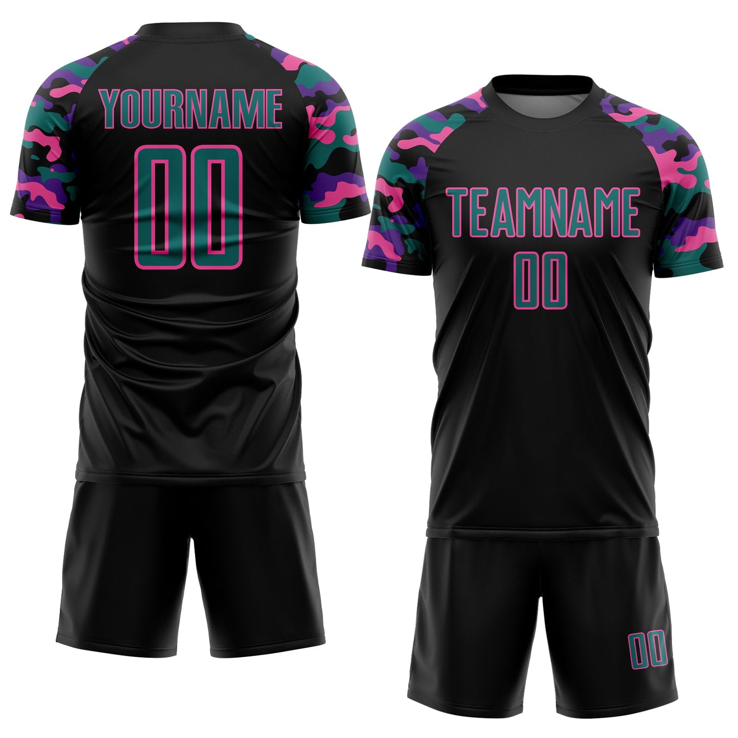 Custom Black Teal Purple-Pink Digital Camo Raglan Sleeves Sublimation Soccer Uniform Jersey view 2
