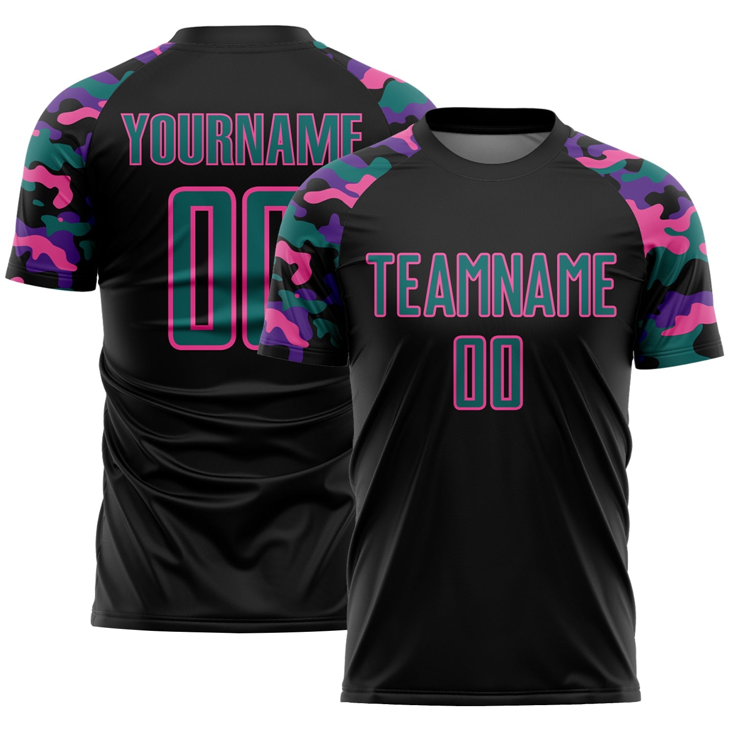 Custom Black Teal Purple-Pink Digital Camo Raglan Sleeves Sublimation Soccer Uniform Jersey - Main View