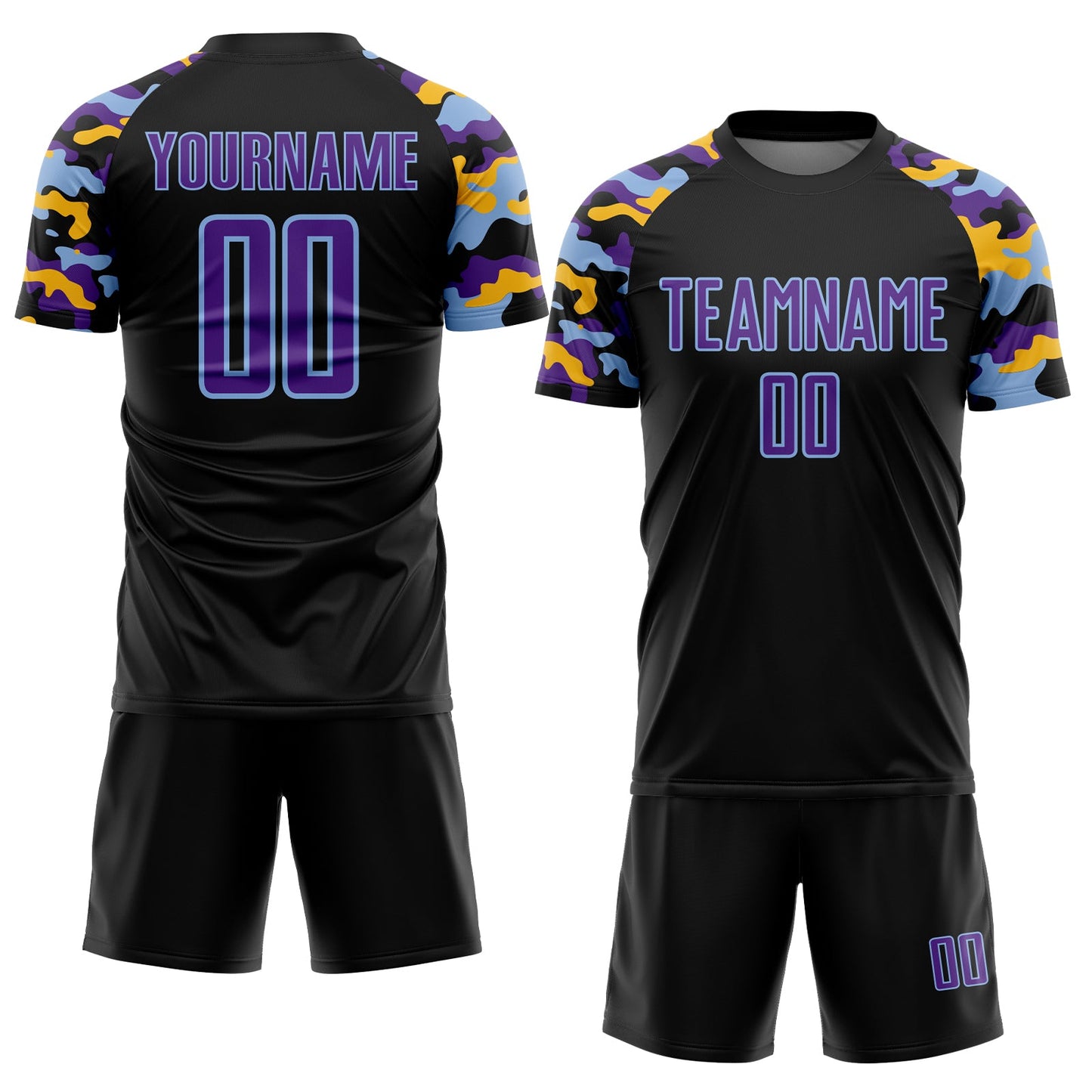 Custom Black Purple Light Blue-Gold Digital Camo Raglan Sleeves Sublimation Soccer Uniform Jersey view 2