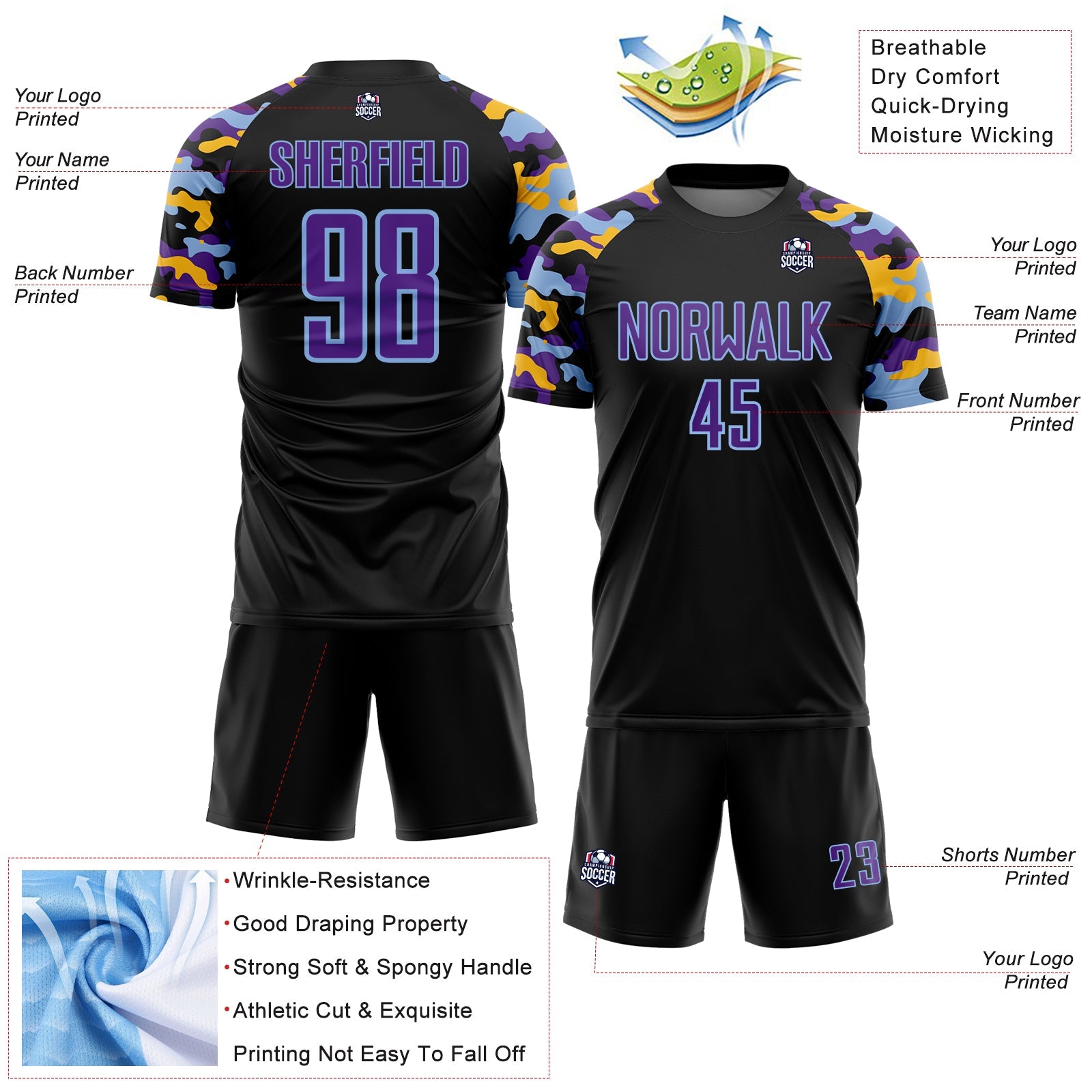 Custom Black Purple Light Blue-Gold Digital Camo Raglan Sleeves Sublimation Soccer Uniform Jersey view 4