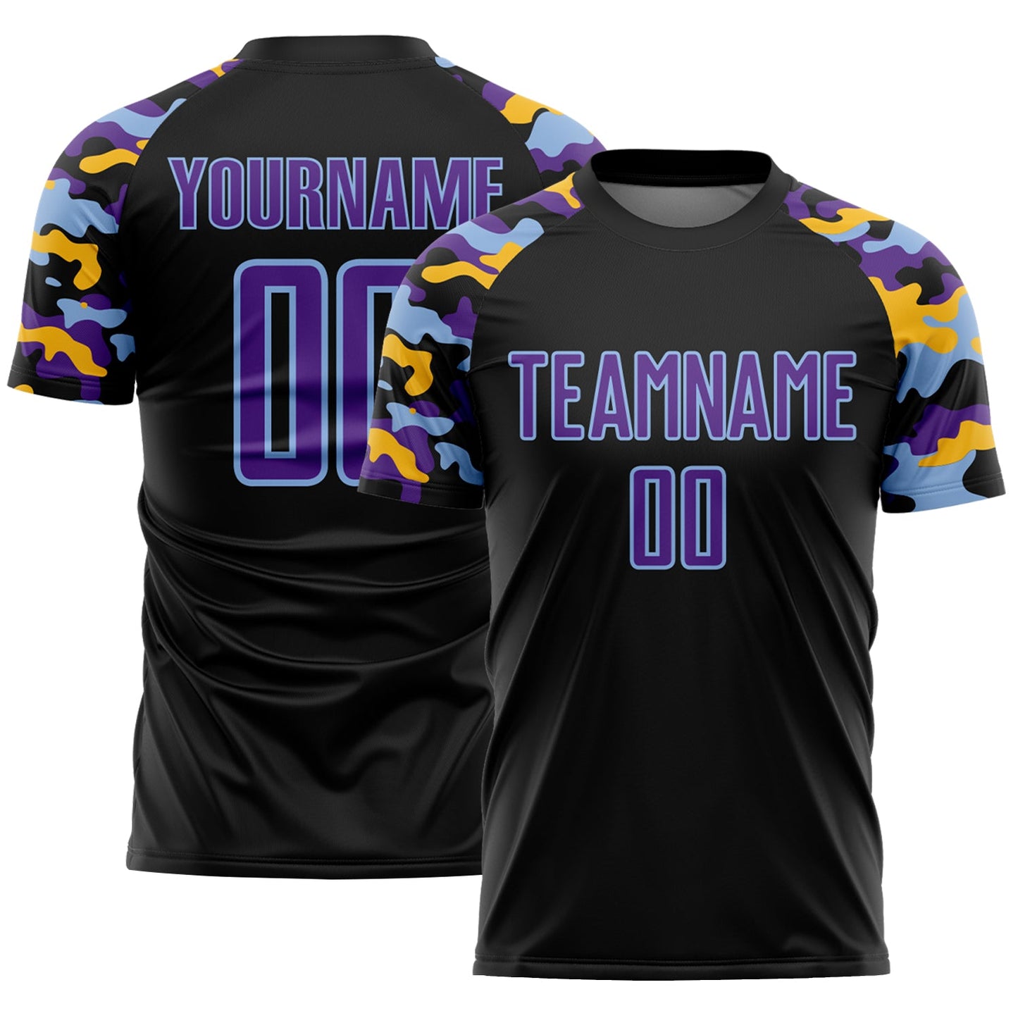 Custom Black Purple Light Blue-Gold Digital Camo Raglan Sleeves Sublimation Soccer Uniform Jersey - Main View