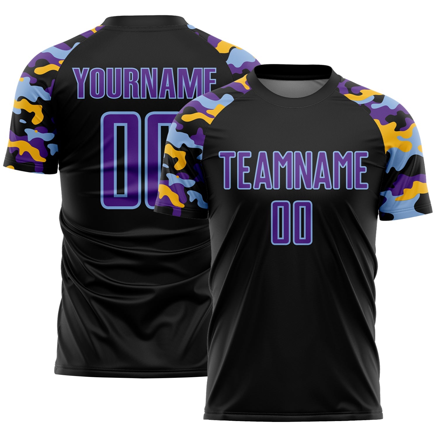 Custom Black Purple Light Blue-Gold Digital Camo Raglan Sleeves Sublimation Soccer Uniform Jersey - Main View