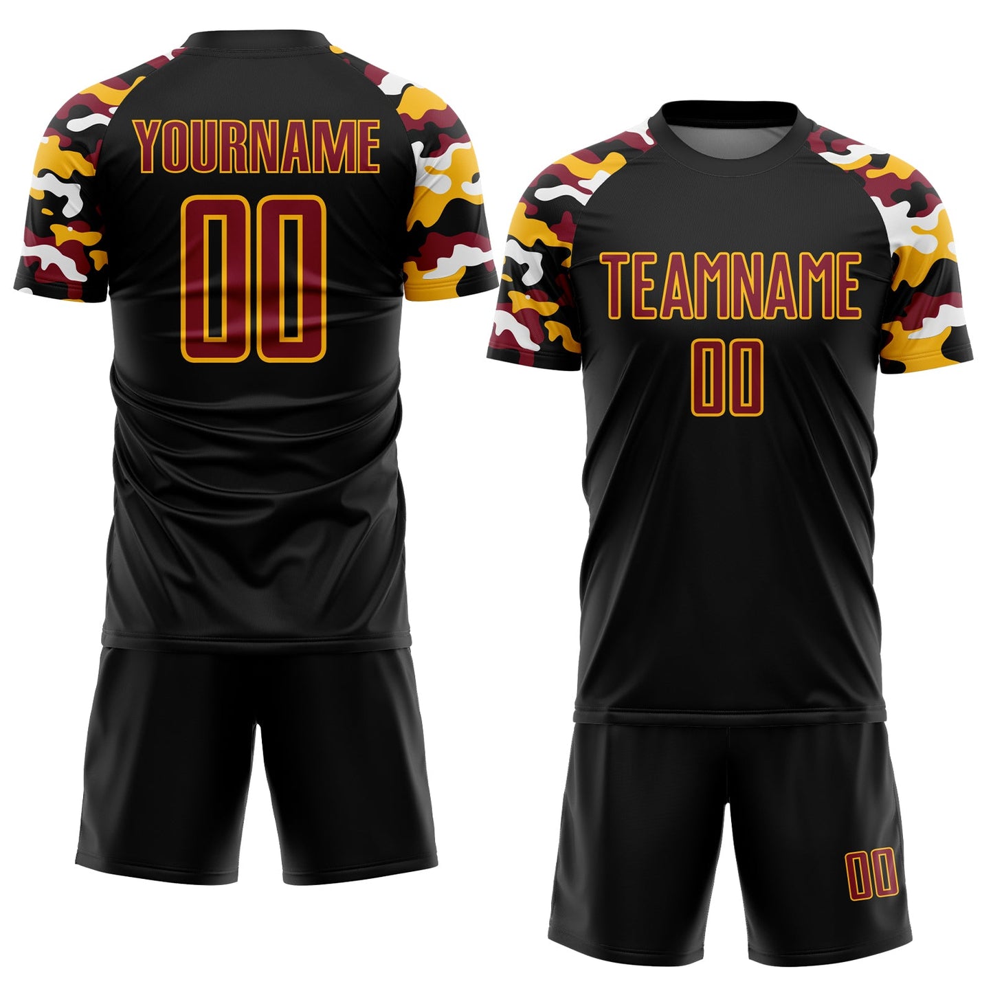 Custom Black Crimson Gold-White Digital Camo Raglan Sleeves Sublimation Soccer Uniform Jersey view 2