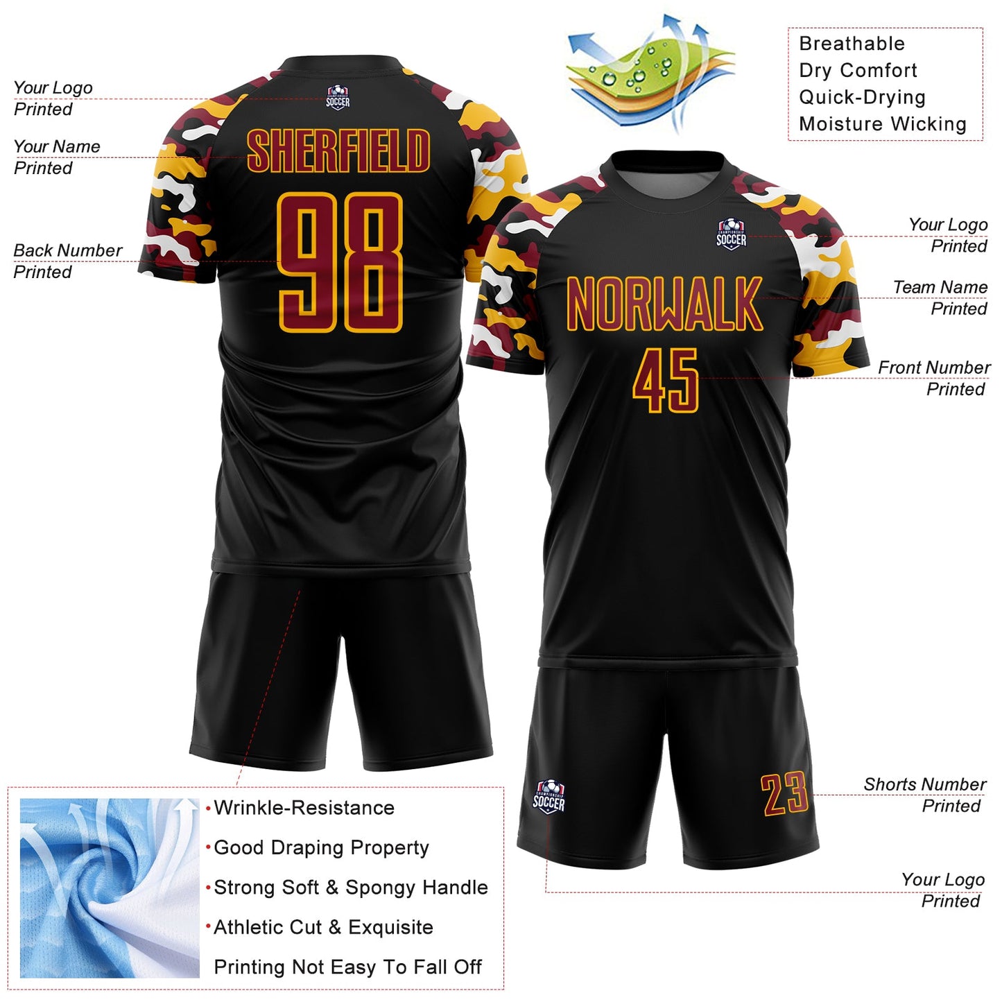 Custom Black Crimson Gold-White Digital Camo Raglan Sleeves Sublimation Soccer Uniform Jersey view 4