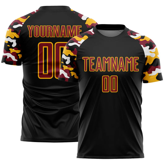 Custom Black Crimson Gold-White Digital Camo Raglan Sleeves Sublimation Soccer Uniform Jersey - Main View