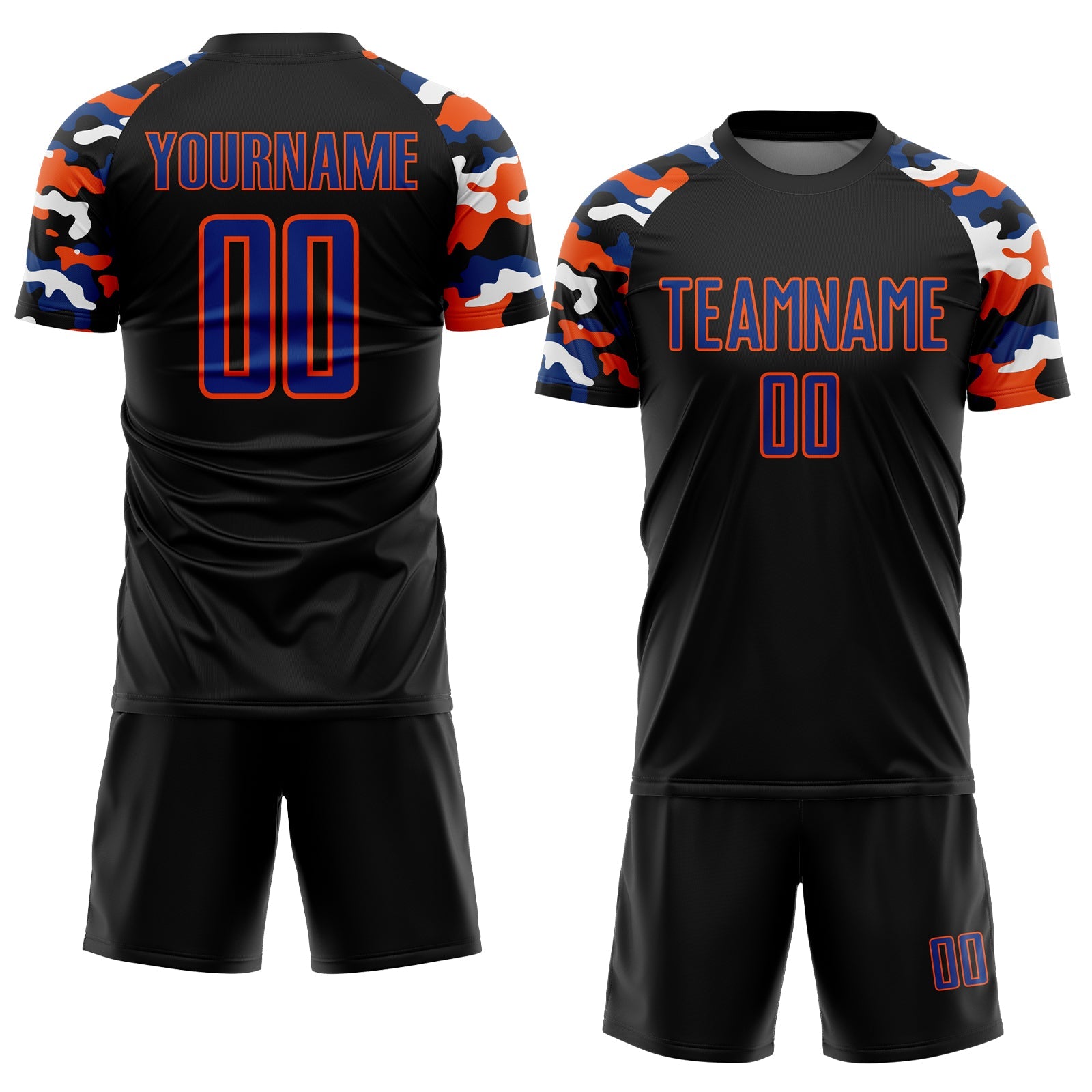 Custom Black Royal Orange-White Digital Camo Raglan Sleeves Sublimation Soccer Uniform Jersey view 2