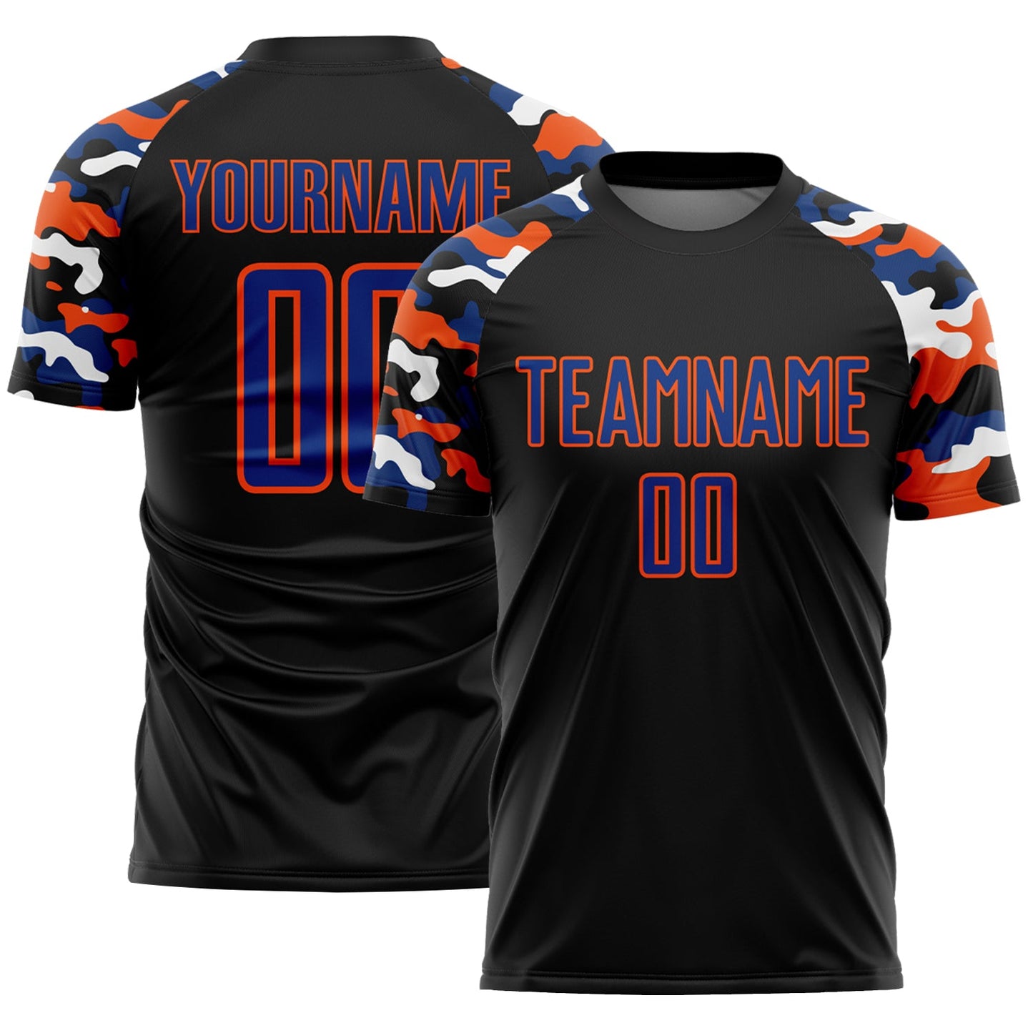 Custom Black Royal Orange-White Digital Camo Raglan Sleeves Sublimation Soccer Uniform Jersey - Main View
