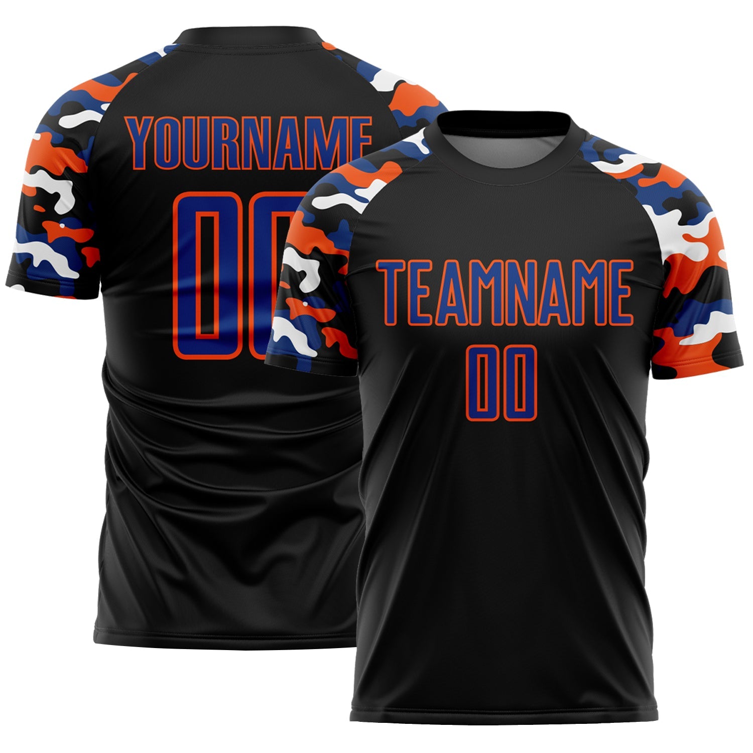 Custom Black Royal Orange-White Digital Camo Raglan Sleeves Sublimation Soccer Uniform Jersey - Main View