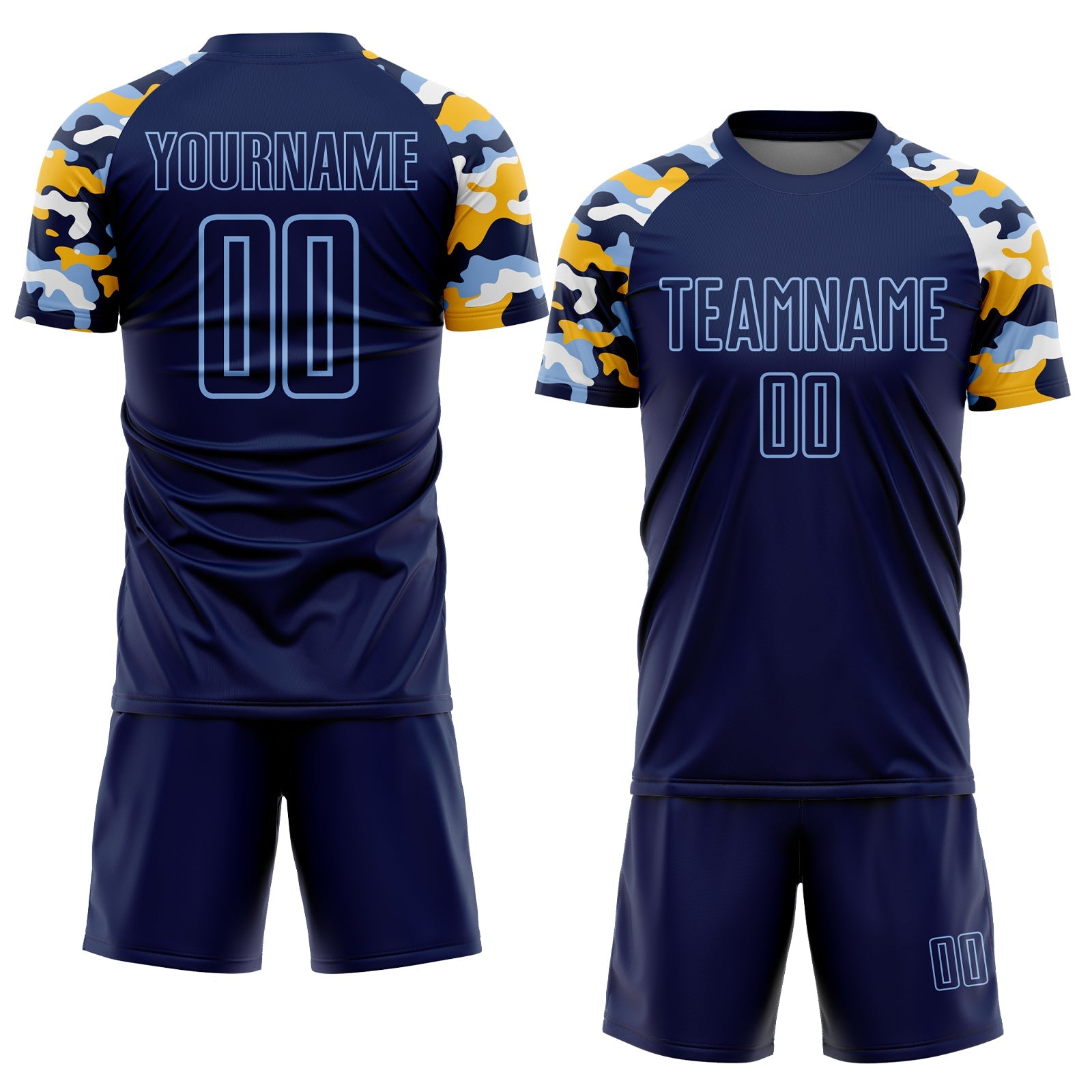 Custom Navy Light Blue Gold-White Digital Camo Raglan Sleeves Sublimation Soccer Uniform Jersey view 2