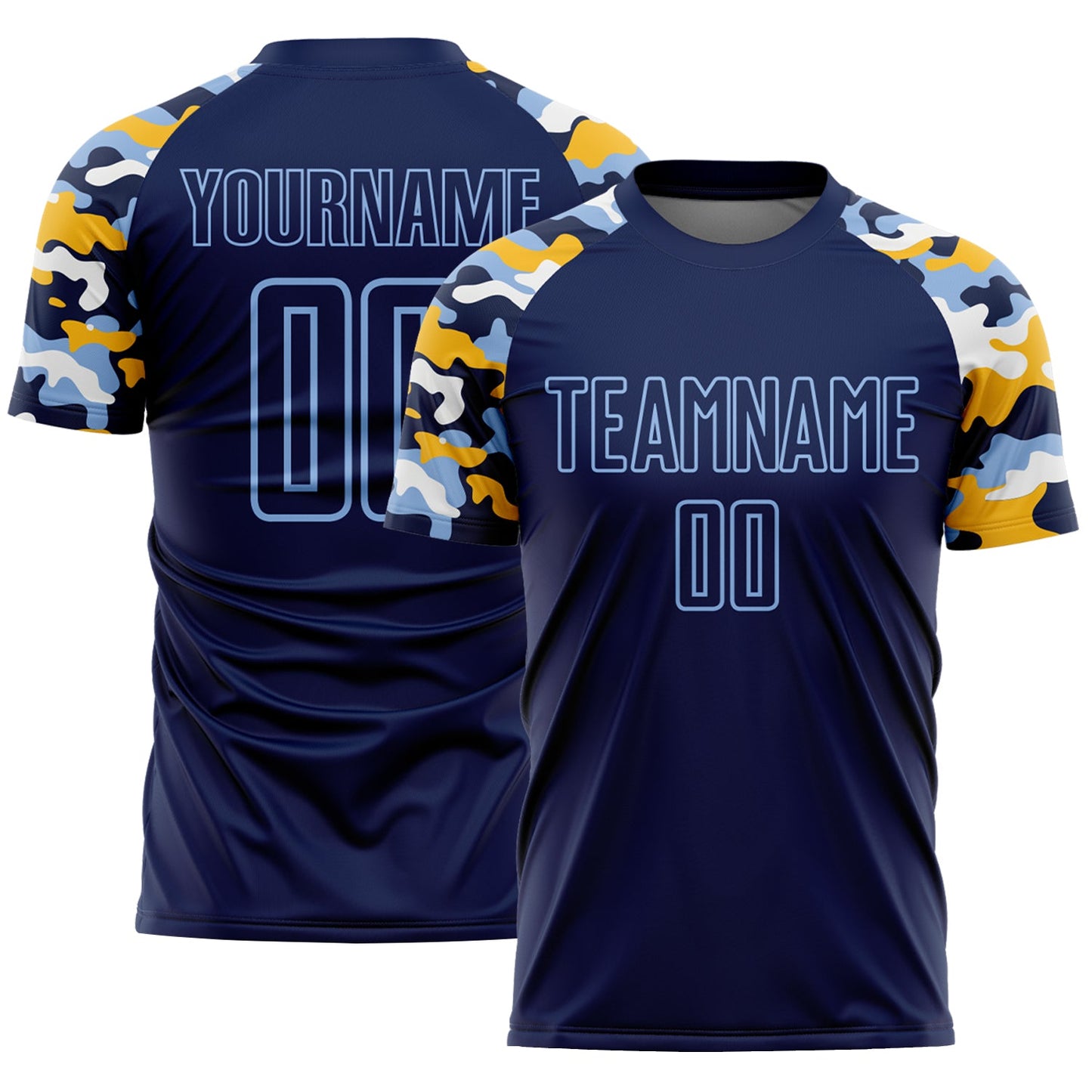 Custom Navy Light Blue Gold-White Digital Camo Raglan Sleeves Sublimation Soccer Uniform Jersey - Main View