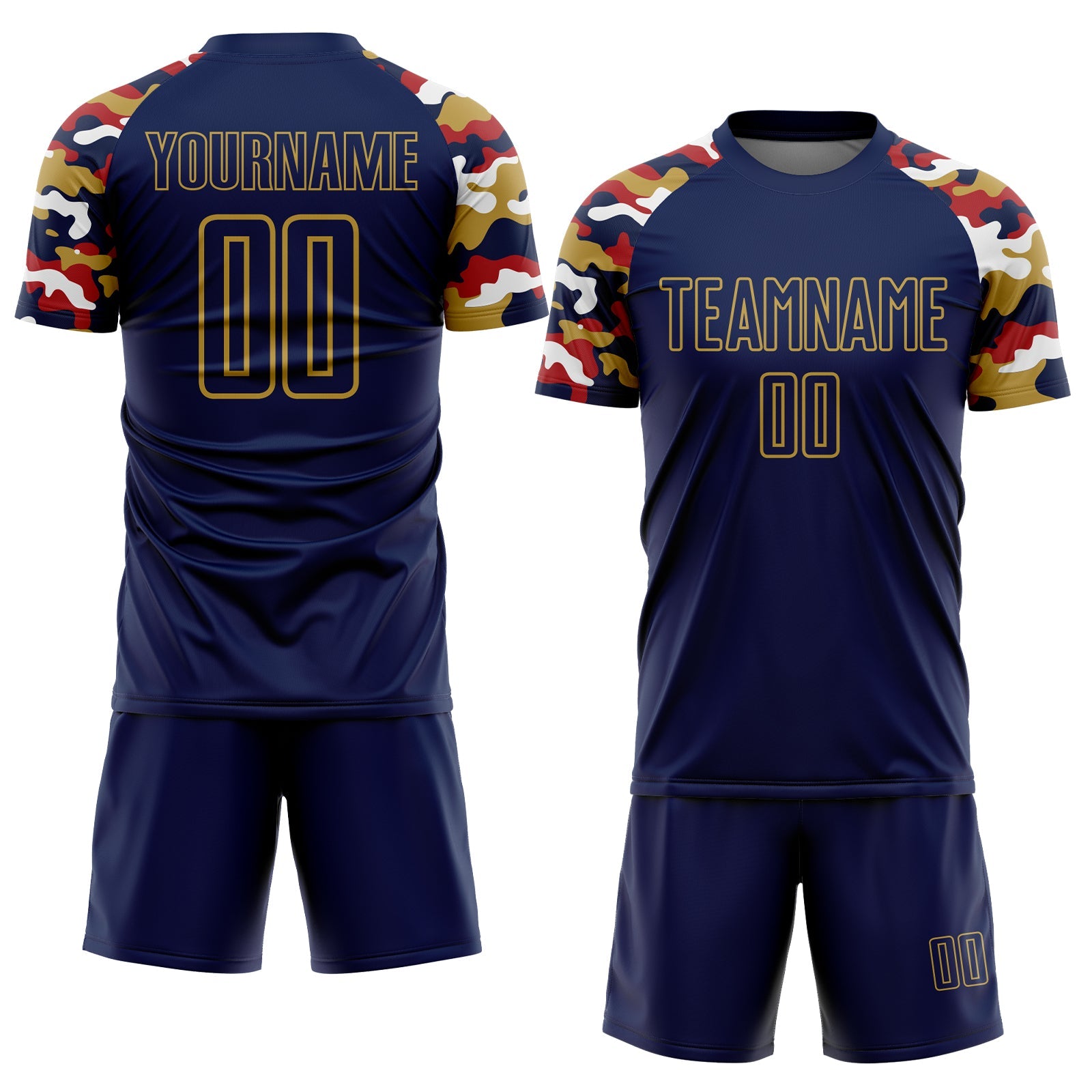 Custom Navy Red Old Gold-White Digital Camo Raglan Sleeves Sublimation Soccer Uniform Jersey view 2