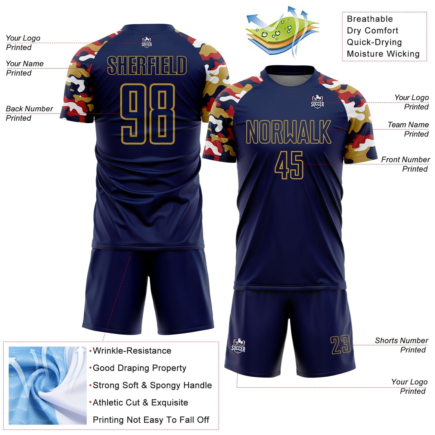 Custom Navy Red Old Gold-White Digital Camo Raglan Sleeves Sublimation Soccer Uniform Jersey view 4