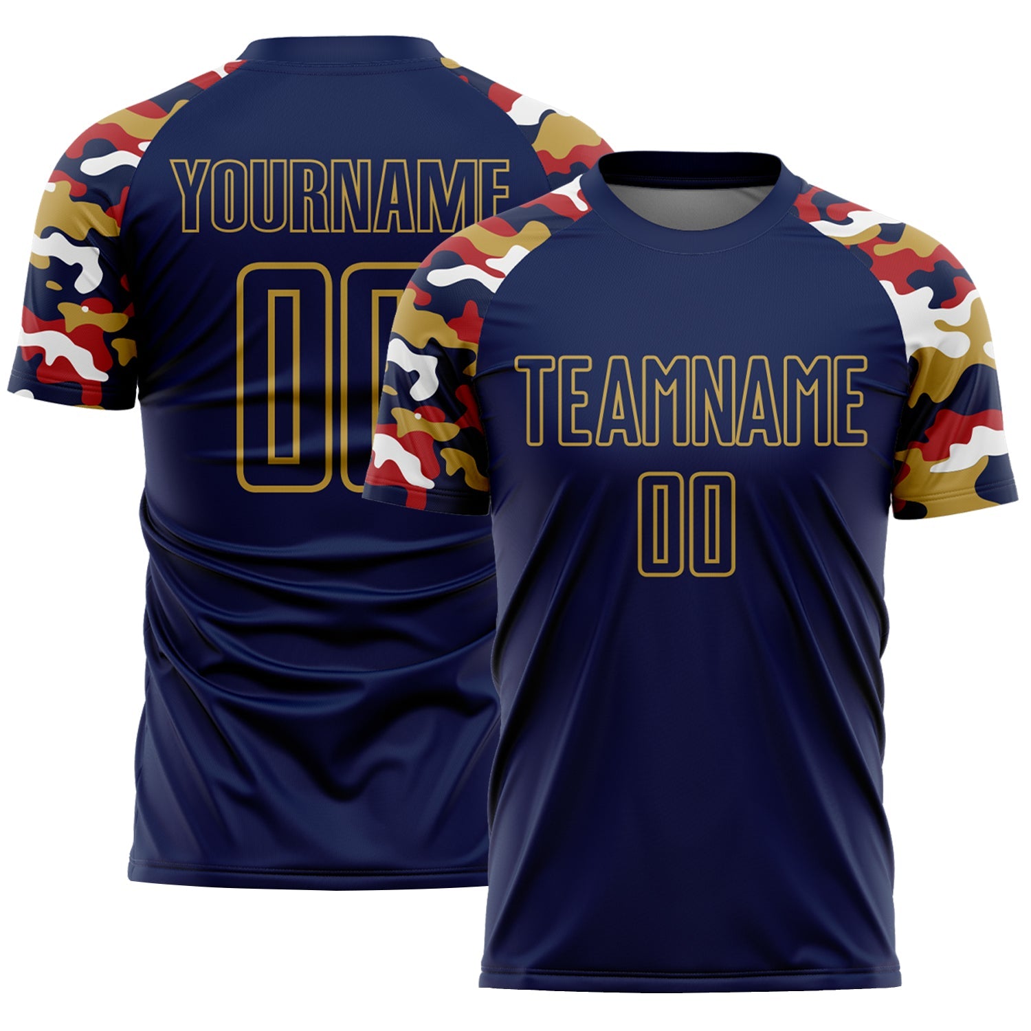 Custom Navy Red Old Gold-White Digital Camo Raglan Sleeves Sublimation Soccer Uniform Jersey - Main View