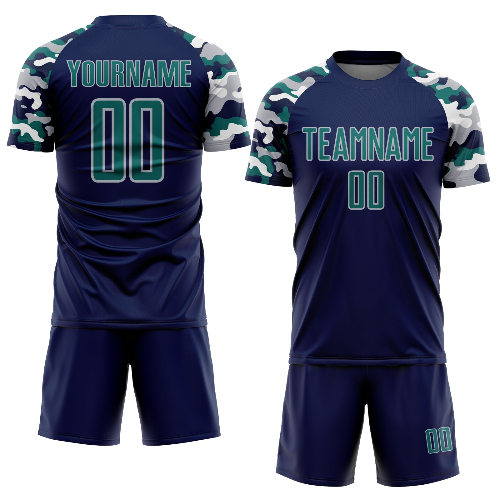 Custom Navy Teal Gray-White Digital Camo Raglan Sleeves Sublimation Soccer Uniform Jersey view 2