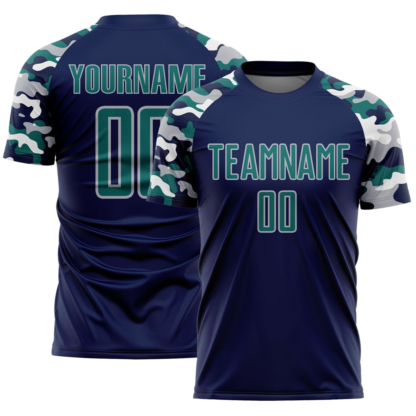 Custom Navy Teal Gray-White Digital Camo Raglan Sleeves Sublimation Soccer Uniform Jersey - Main View