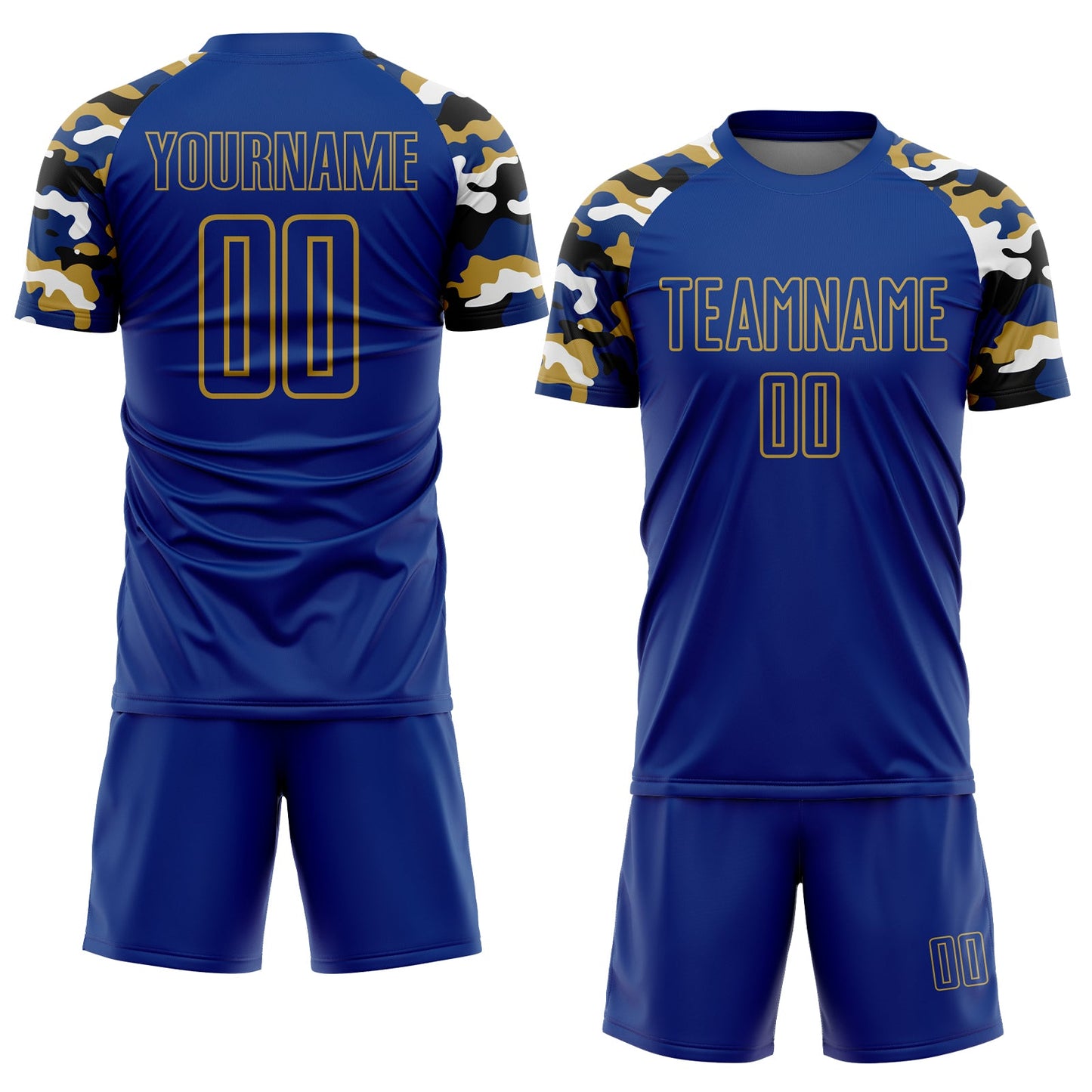 Custom Royal Old Gold Black-White Digital Camo Raglan Sleeves Sublimation Soccer Uniform Jersey view 2