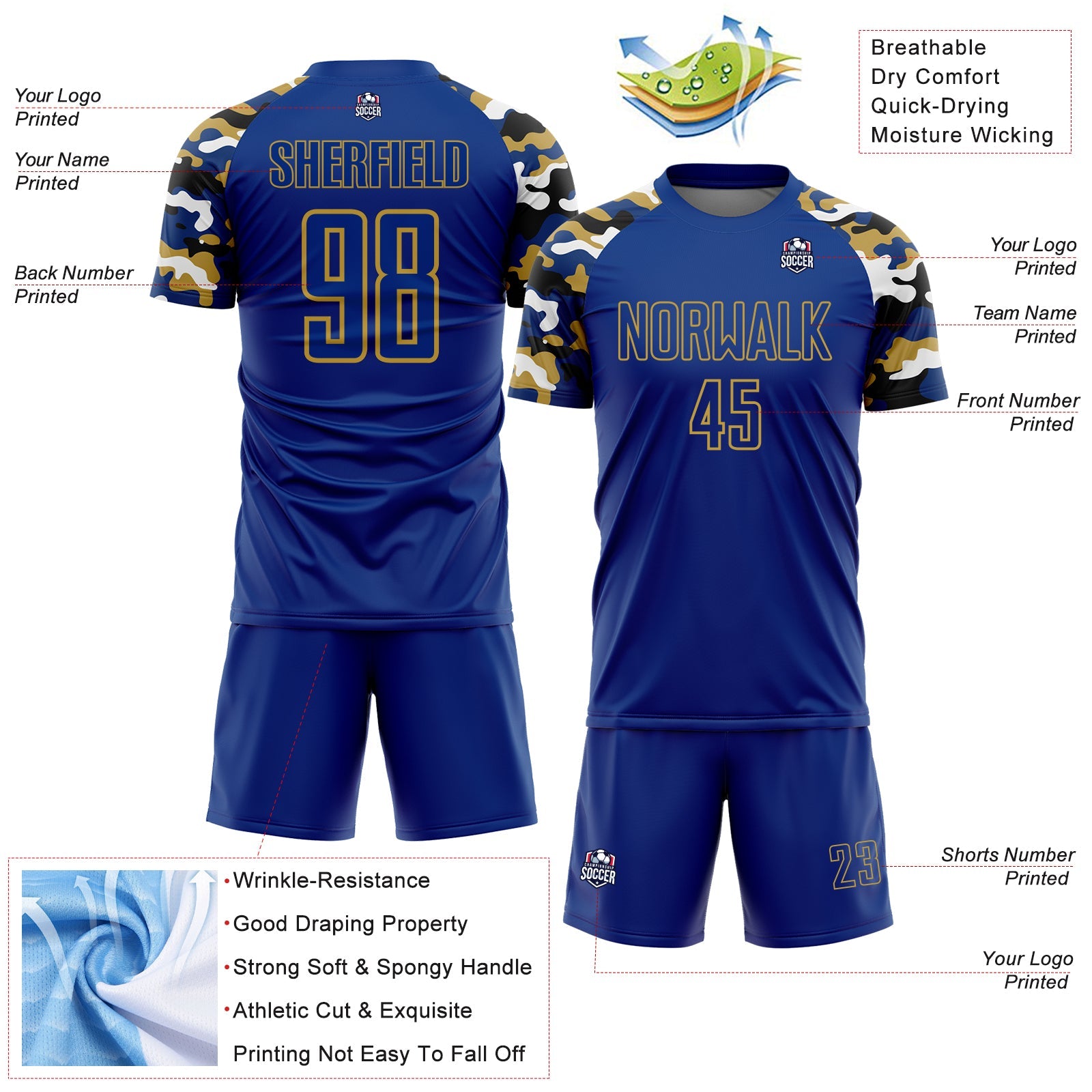 Custom Royal Old Gold Black-White Digital Camo Raglan Sleeves Sublimation Soccer Uniform Jersey view 4