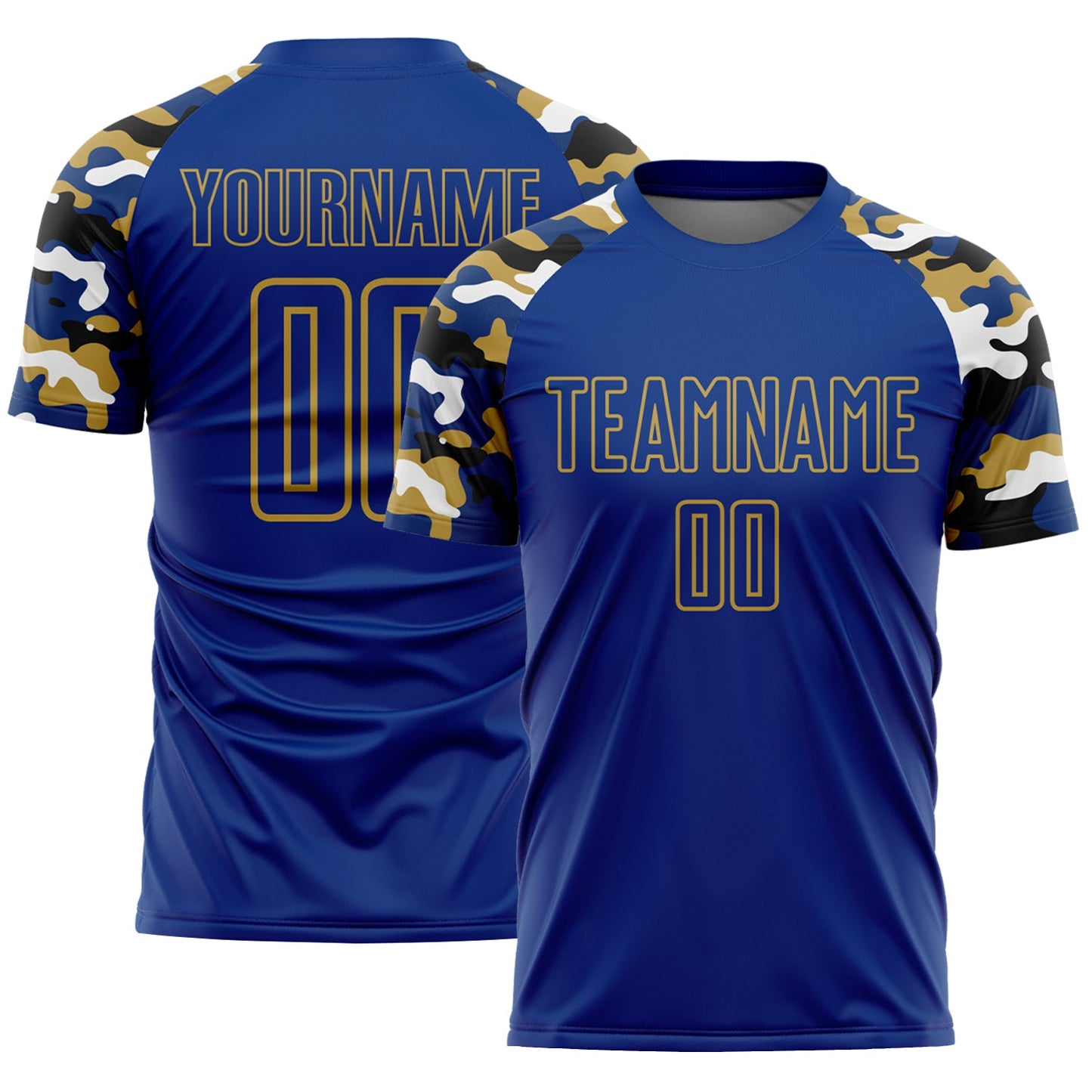 Custom Royal Old Gold Black-White Digital Camo Raglan Sleeves Sublimation Soccer Uniform Jersey - Main View