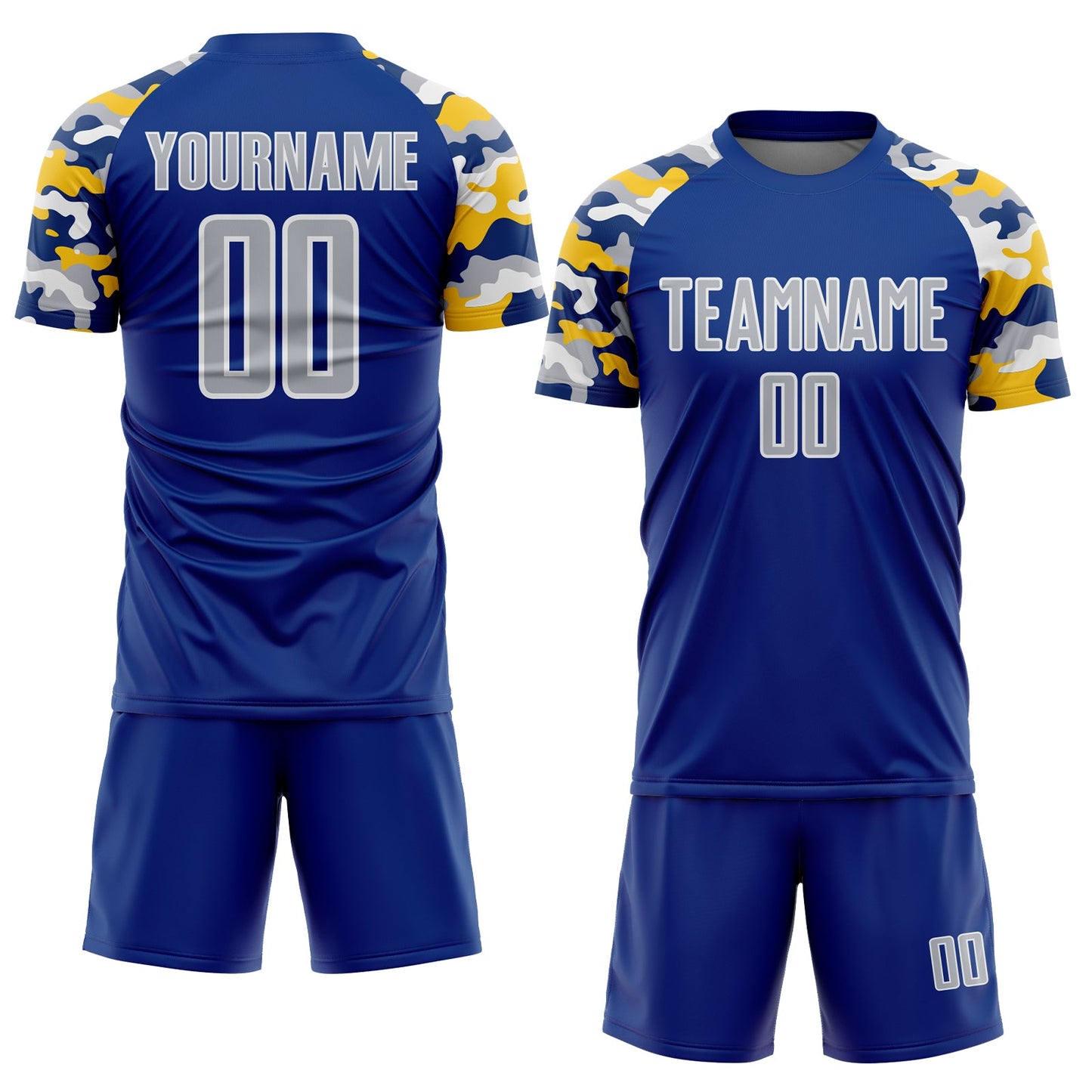 Custom Royal Gray Yellow-White Digital Camo Raglan Sleeves Sublimation Soccer Uniform Jersey view 2
