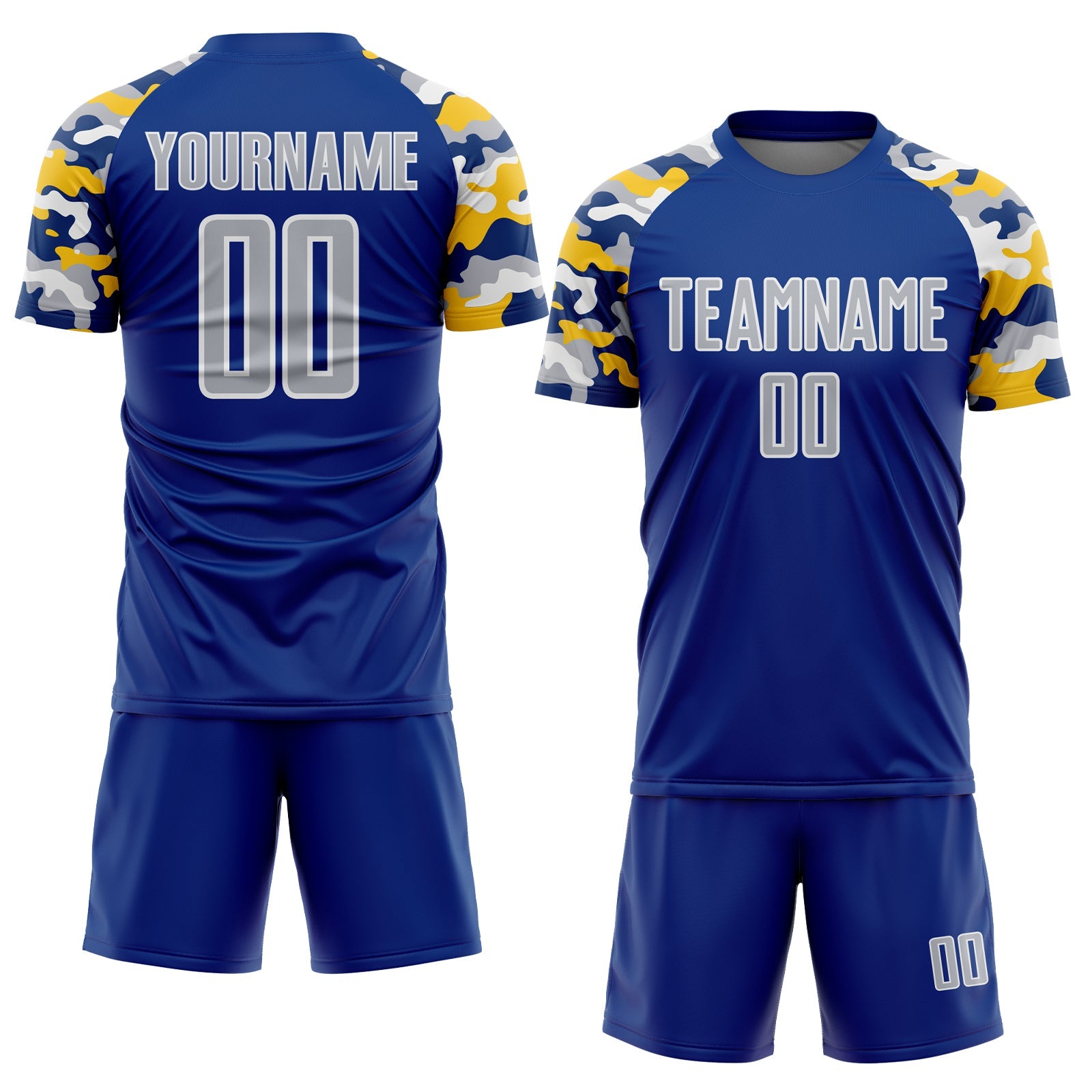 Custom Royal Gray Yellow-White Digital Camo Raglan Sleeves Sublimation Soccer Uniform Jersey view 2