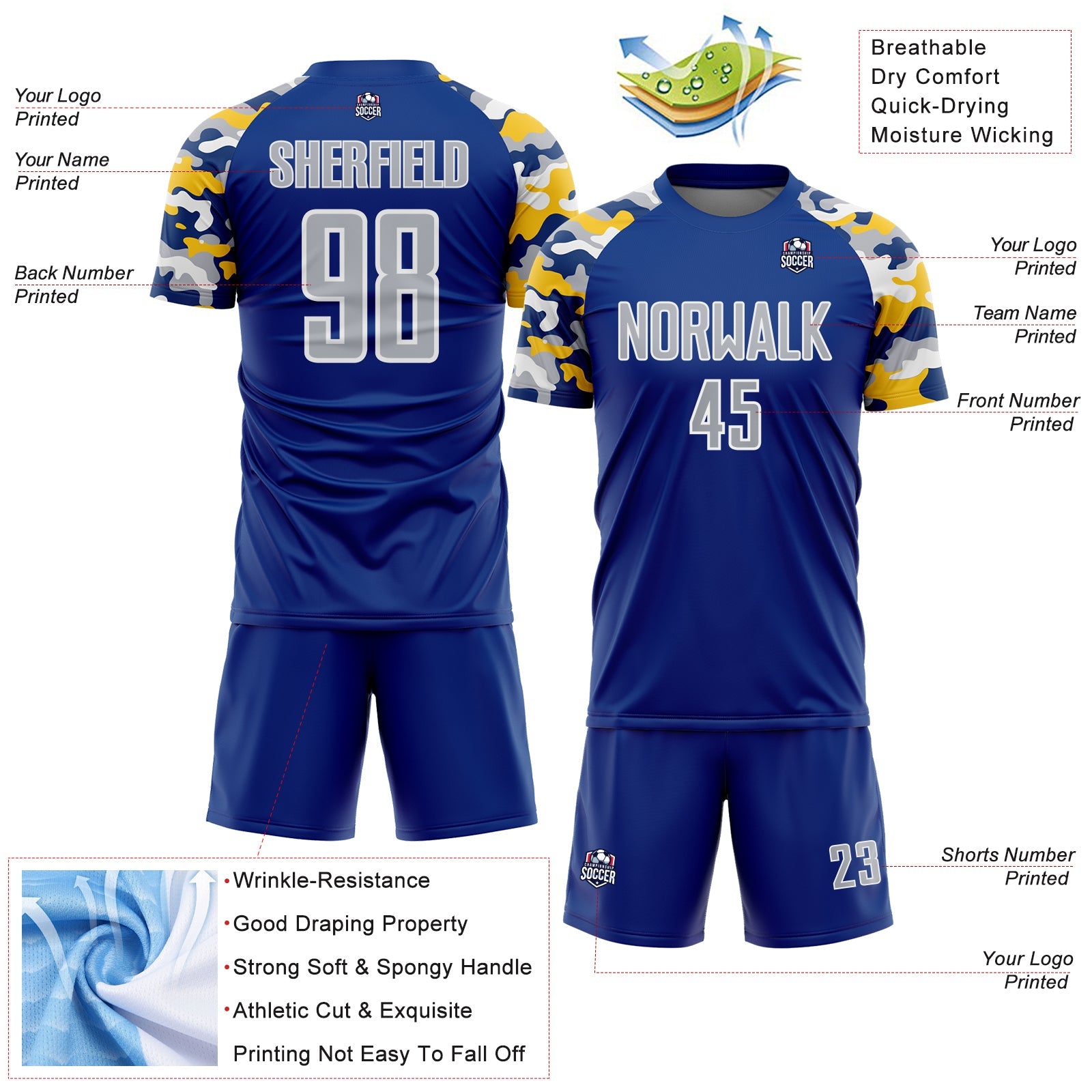 Custom Royal Gray Yellow-White Digital Camo Raglan Sleeves Sublimation Soccer Uniform Jersey view 4